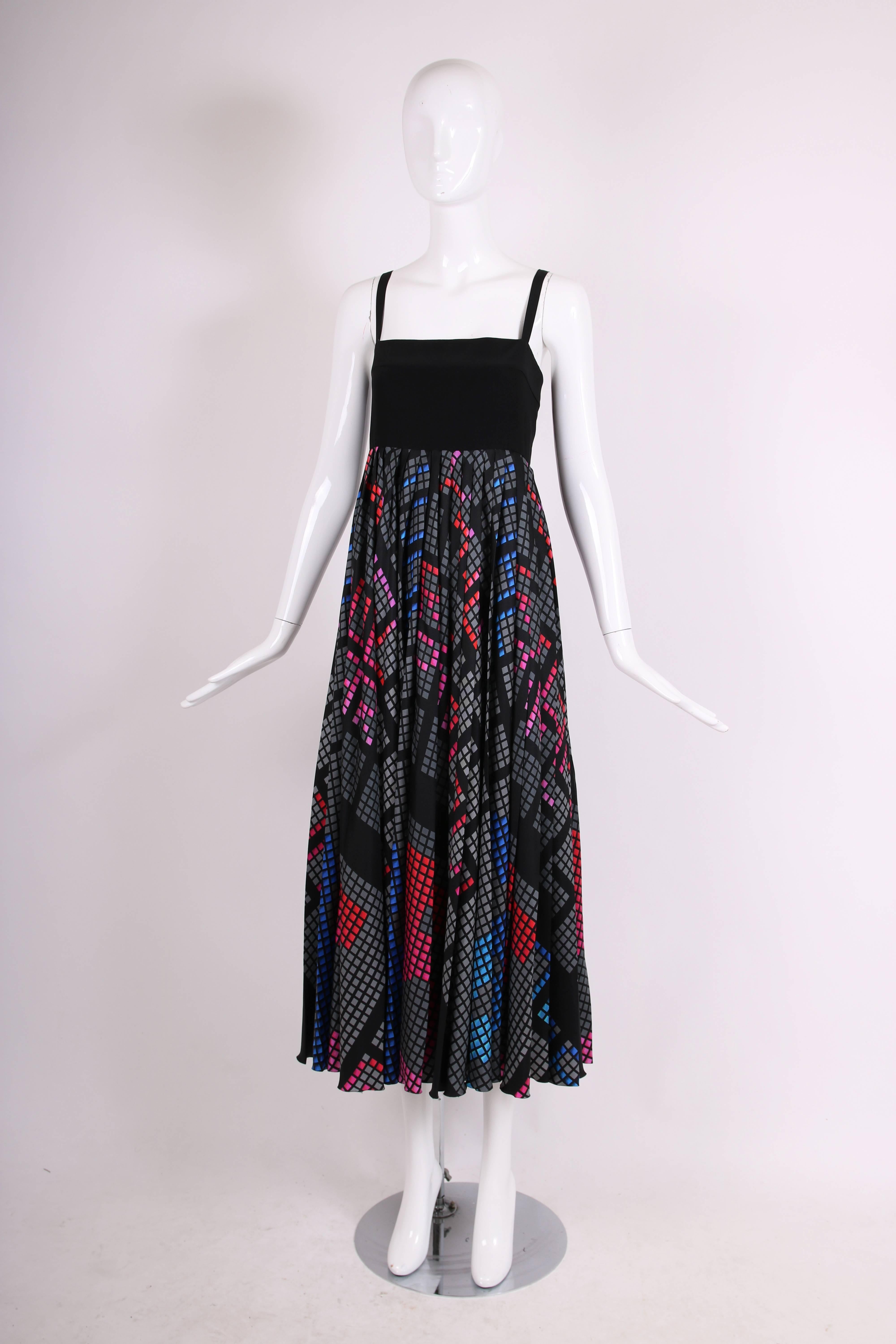 Black Chanel Empire Waisted Silk Gown wth Techno Printed Pleated Skirt