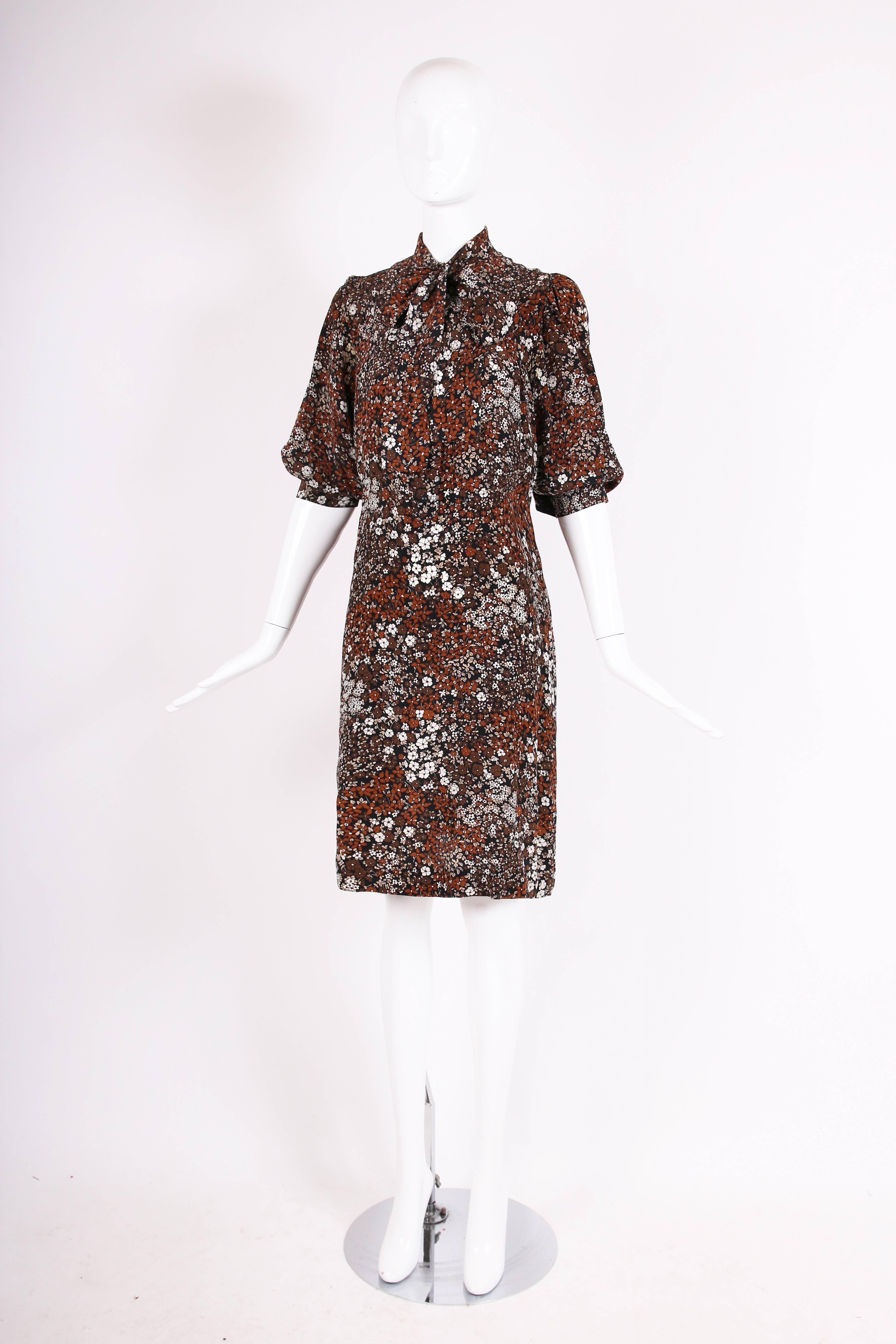 Black 1970's Yves Saint Laurent YSL Silk Floral Print Day Dress w/Neck Ties