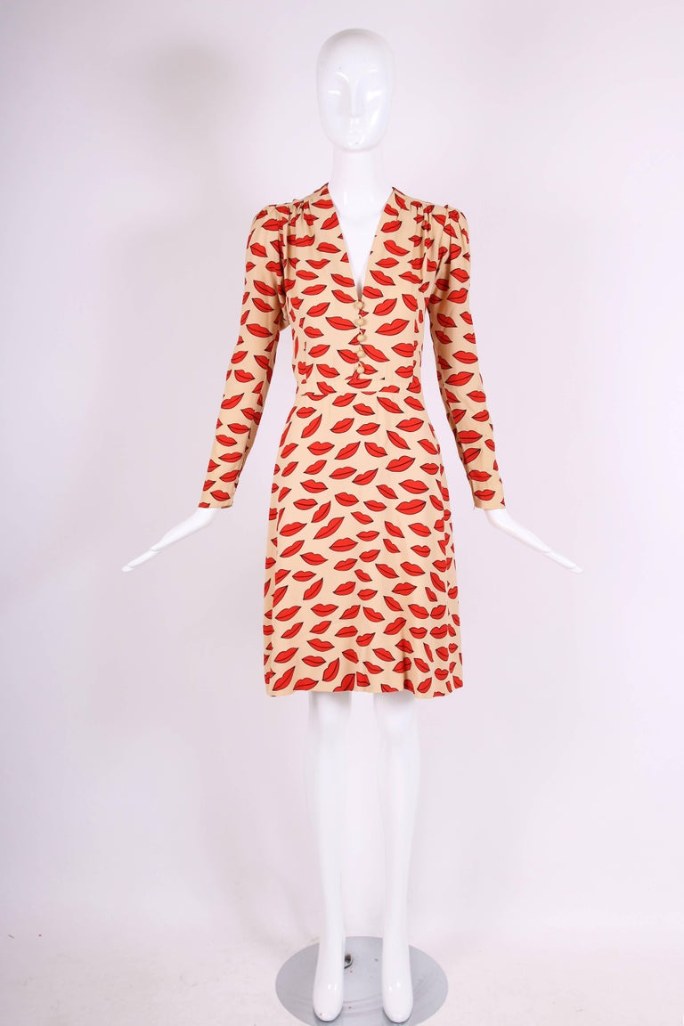 Beige 1971 Iconic Yves Saint Laurent Lips Print Dress For Sale