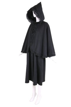 1970's Yves Saint Laurent YSL Black Wool Hooded Cape Coat w/Fringe Trim