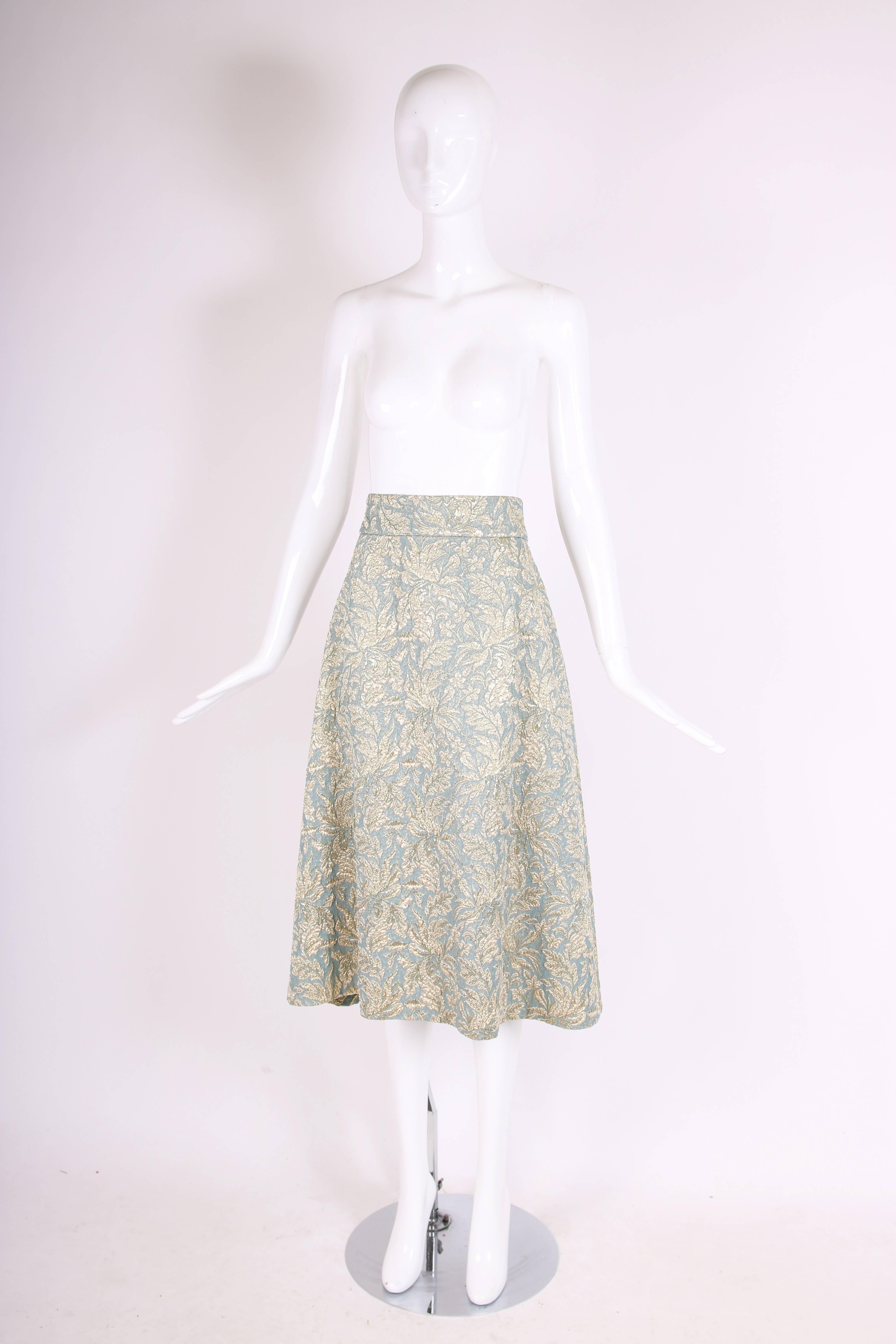 Beige Dolce & Gabbana Gold & Blue Metallic Skirt w/Foliate Pattern