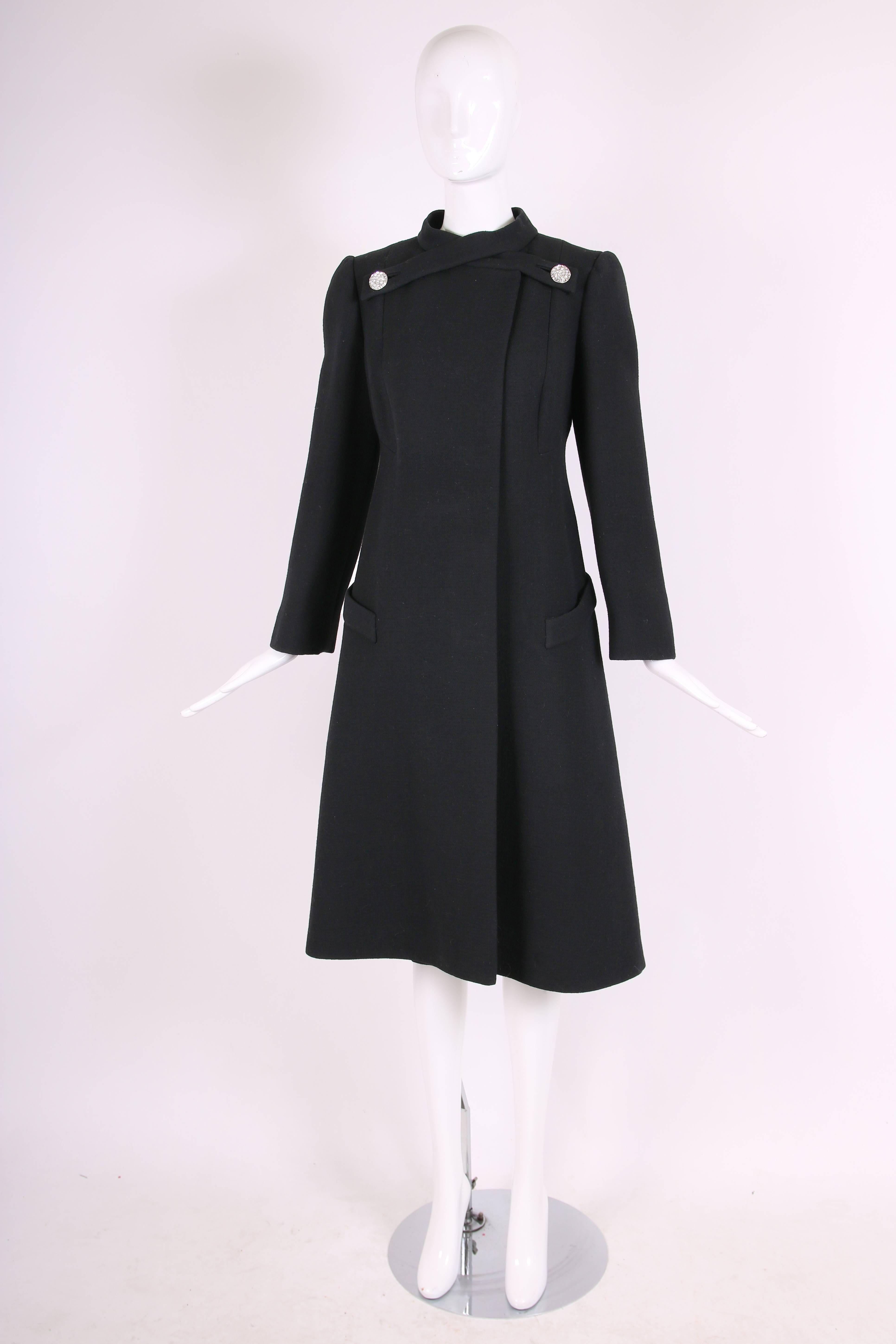 1970's Pauline Trigere Black Wool Coat w/Rhinestone Buttons In Excellent Condition For Sale In Studio City, CA