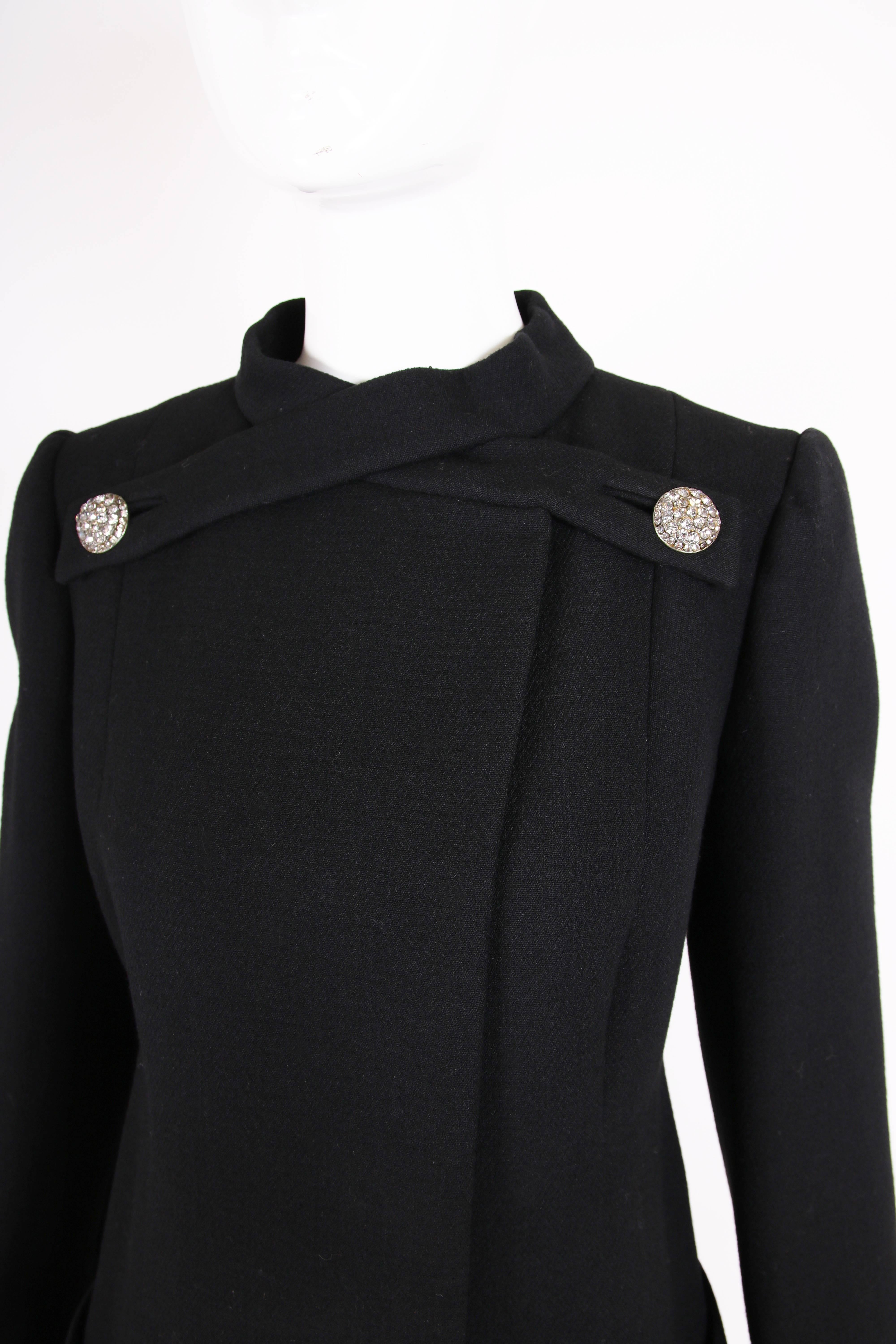 1970's Pauline Trigere Black Wool Coat w/Rhinestone Buttons For Sale 2