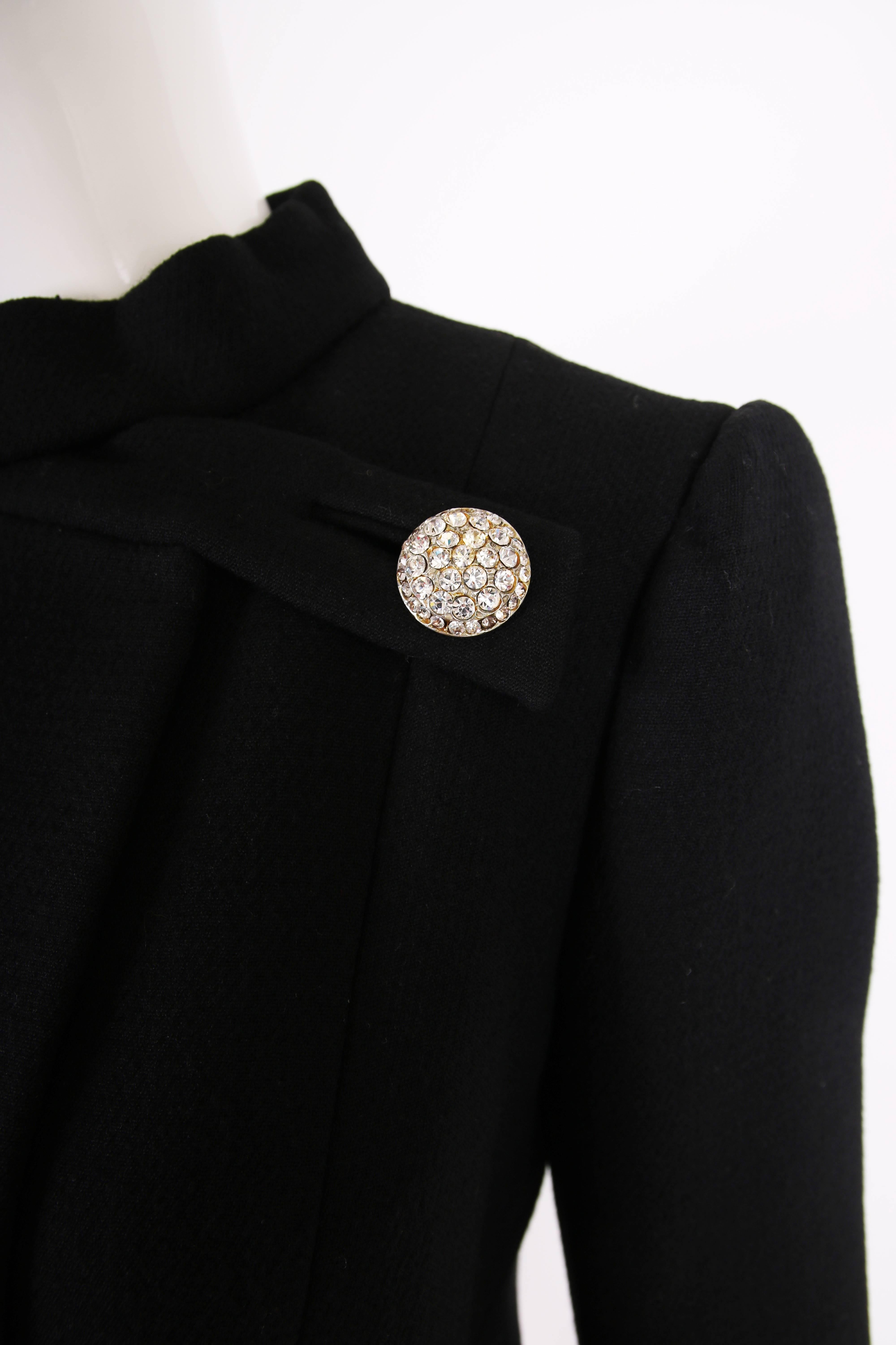 1970's Pauline Trigere Black Wool Coat w/Rhinestone Buttons For Sale 3