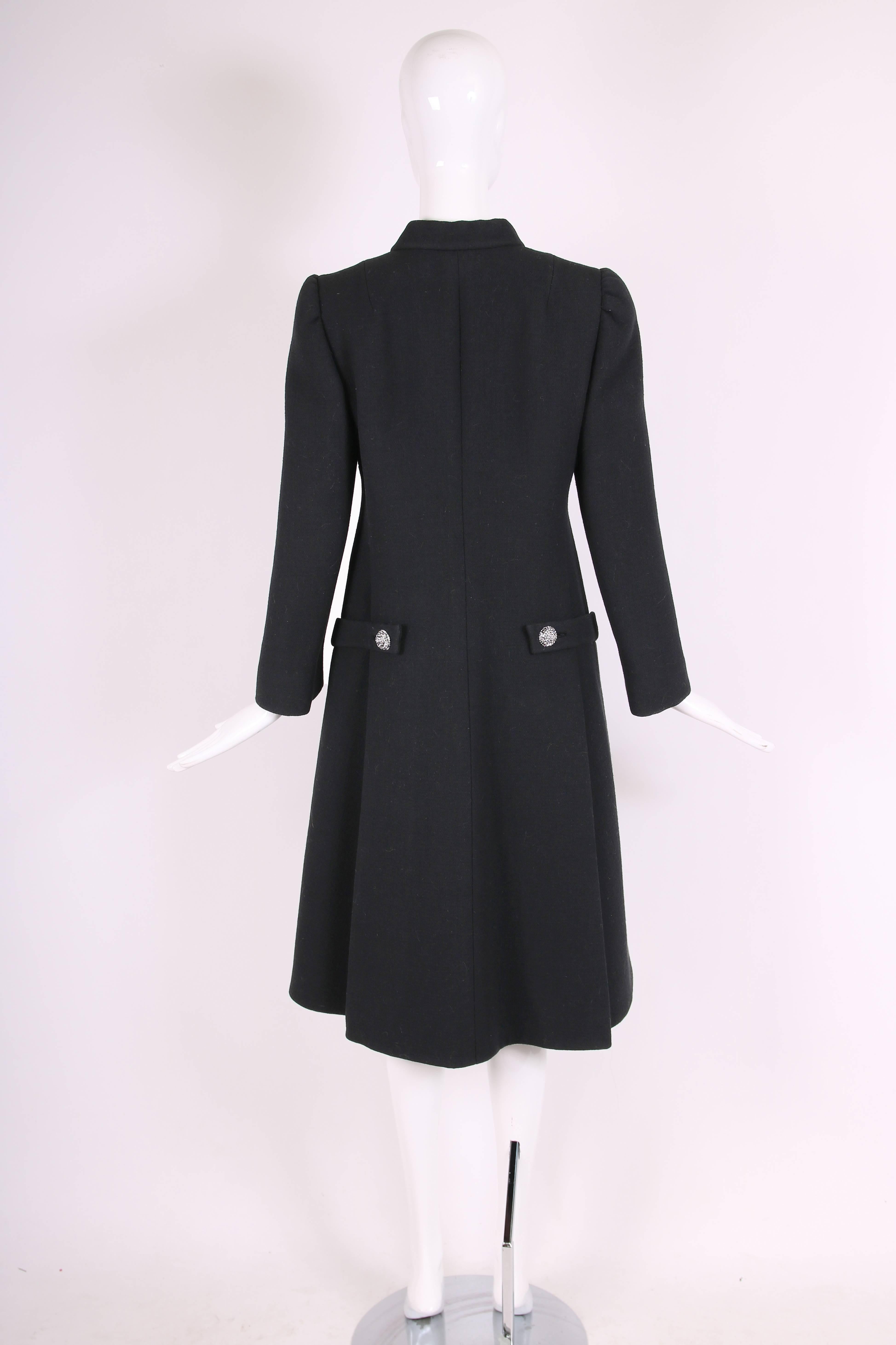 1970's Pauline Trigere Black Wool Coat w/Rhinestone Buttons For Sale 1