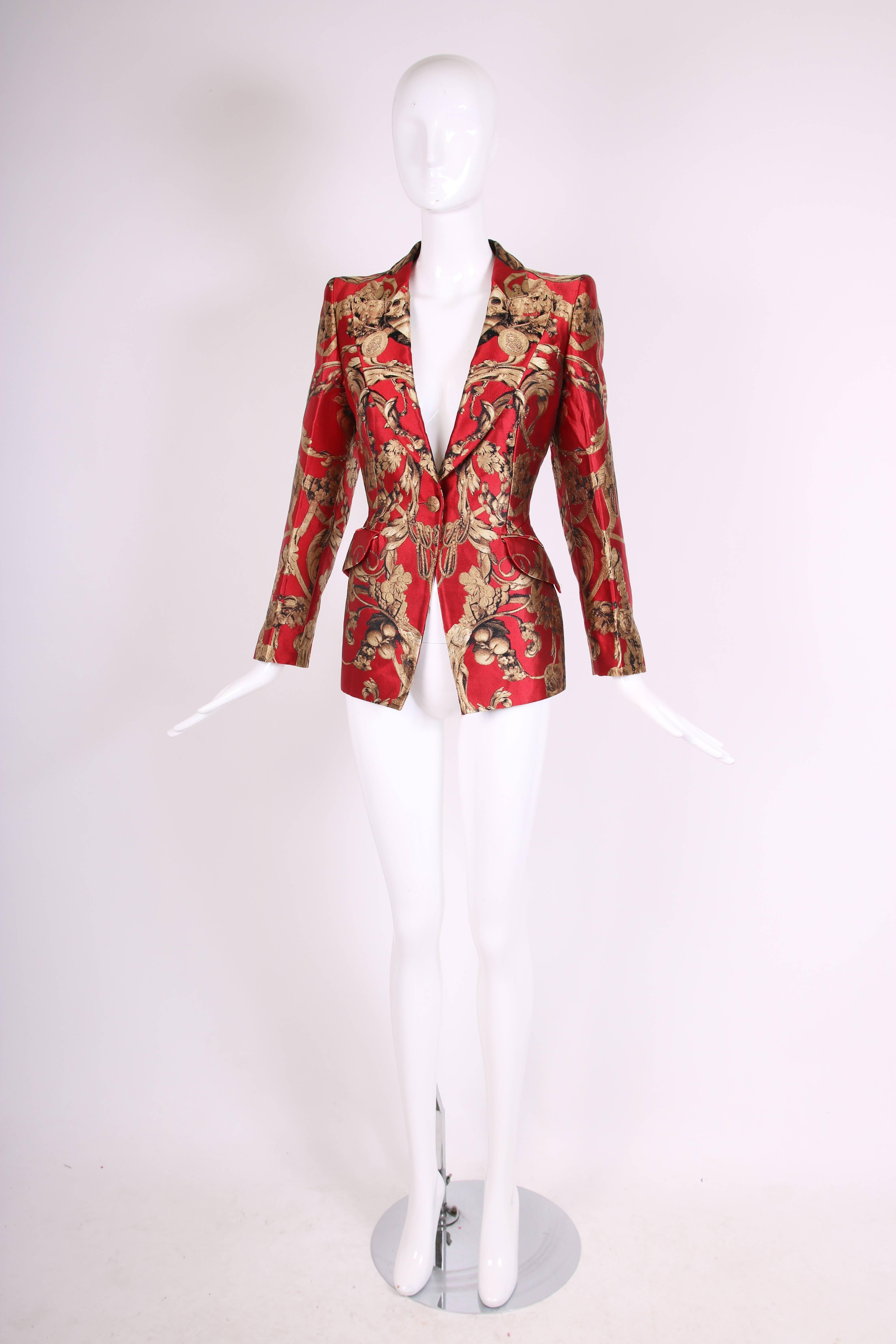 Brown 2010 Alexander McQueen Red & Gold Print Silk Jacket Blazer