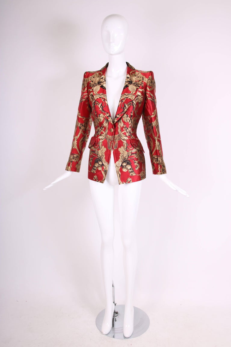 2010 Alexander McQueen Red and Gold Print Silk Jacket Blazer at 1stDibs