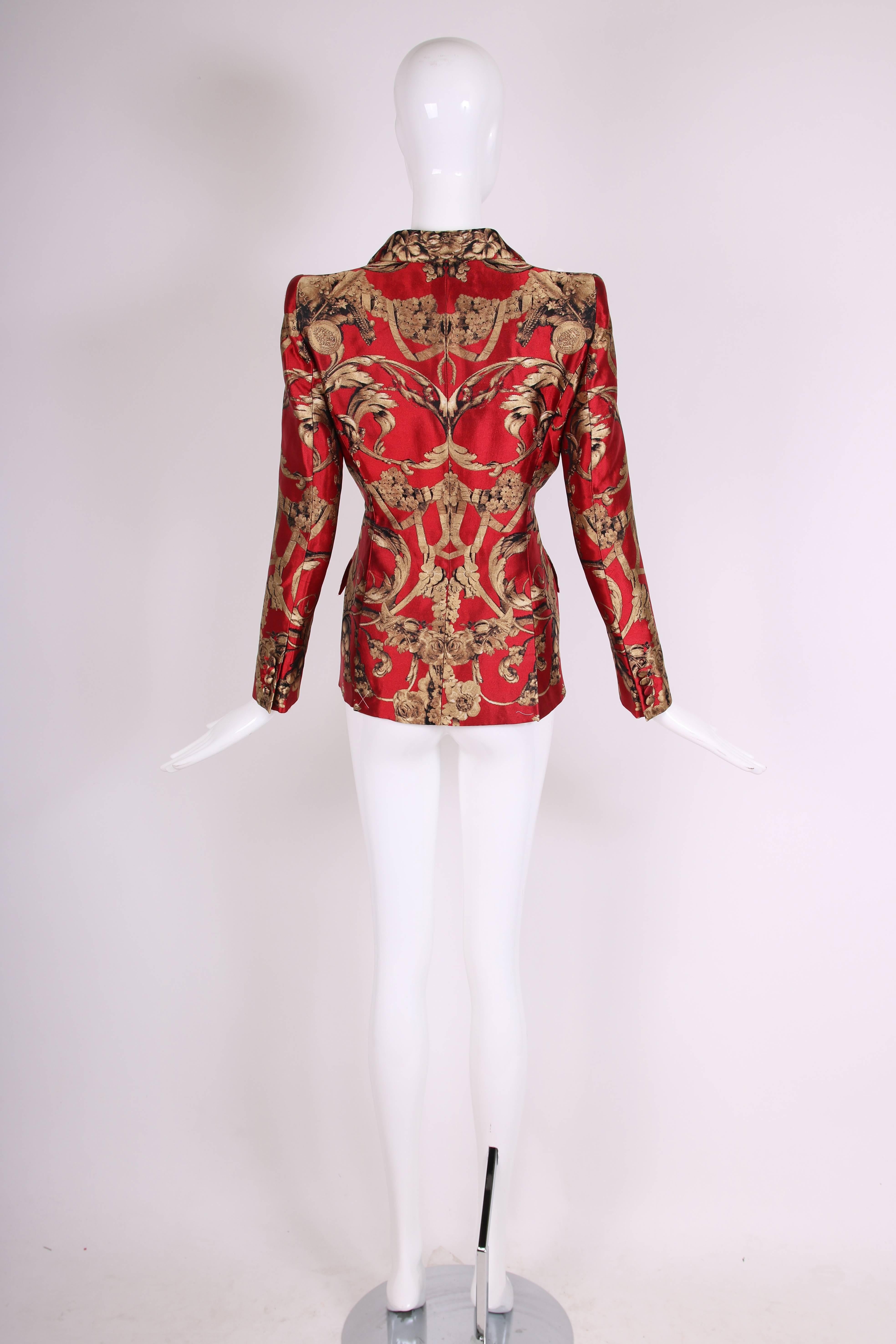 Women's 2010 Alexander McQueen Red & Gold Print Silk Jacket Blazer