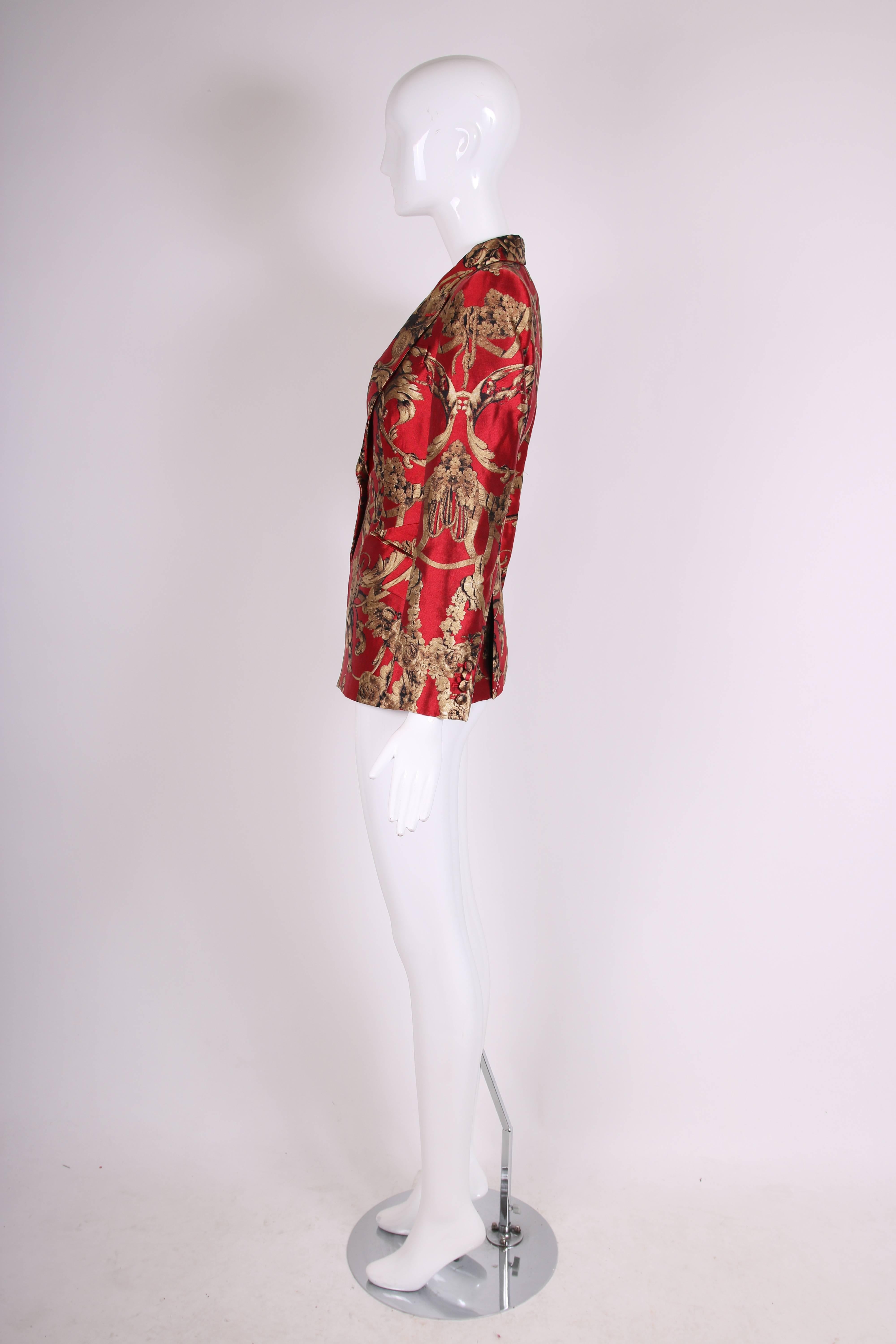 2010 Alexander McQueen Red & Gold Print Silk Jacket Blazer In Excellent Condition In Studio City, CA