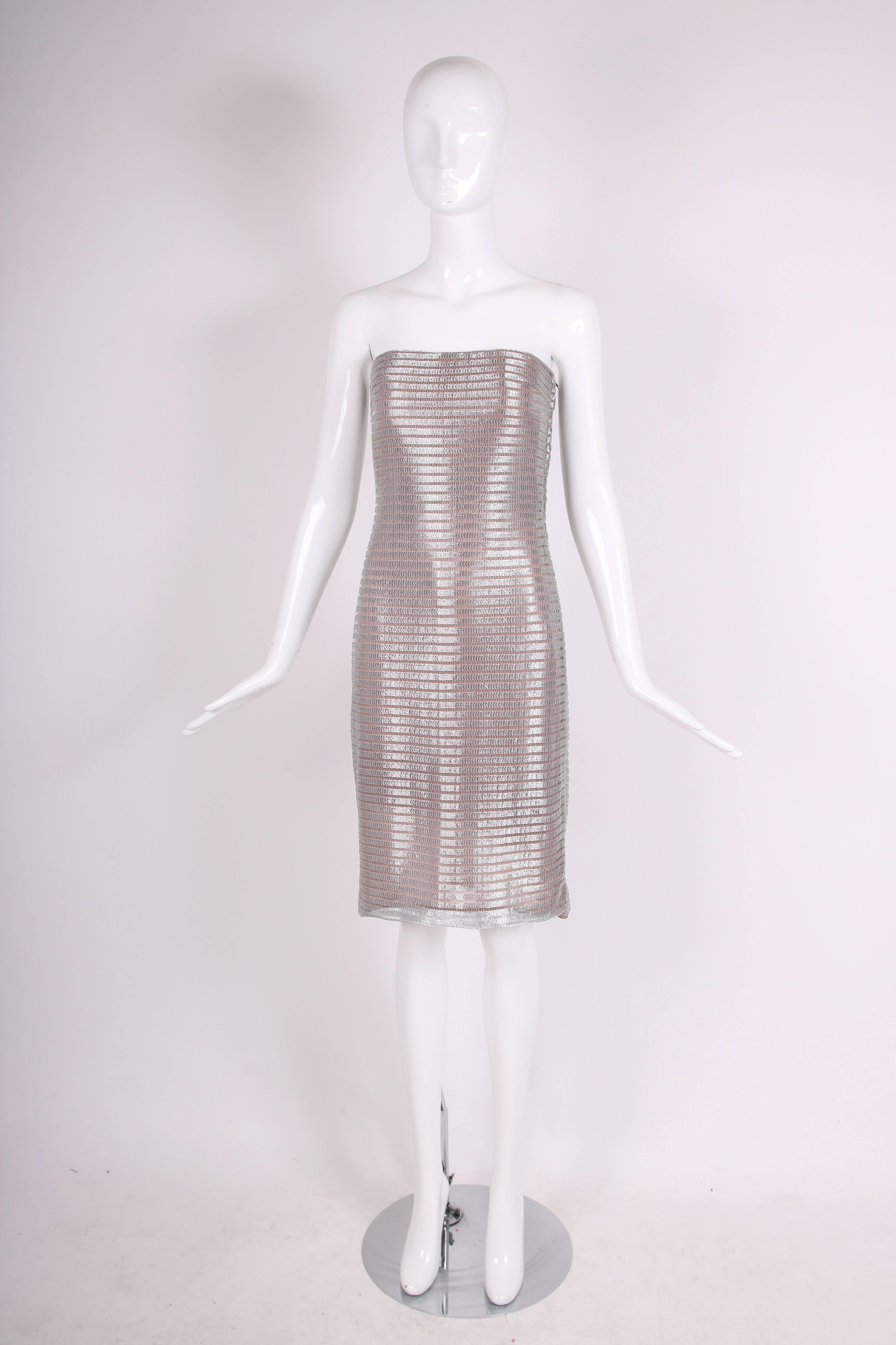 1990's Calvin Klein Collection Silver Metallic Strapless Cocktail Dress In Excellent Condition In Studio City, CA