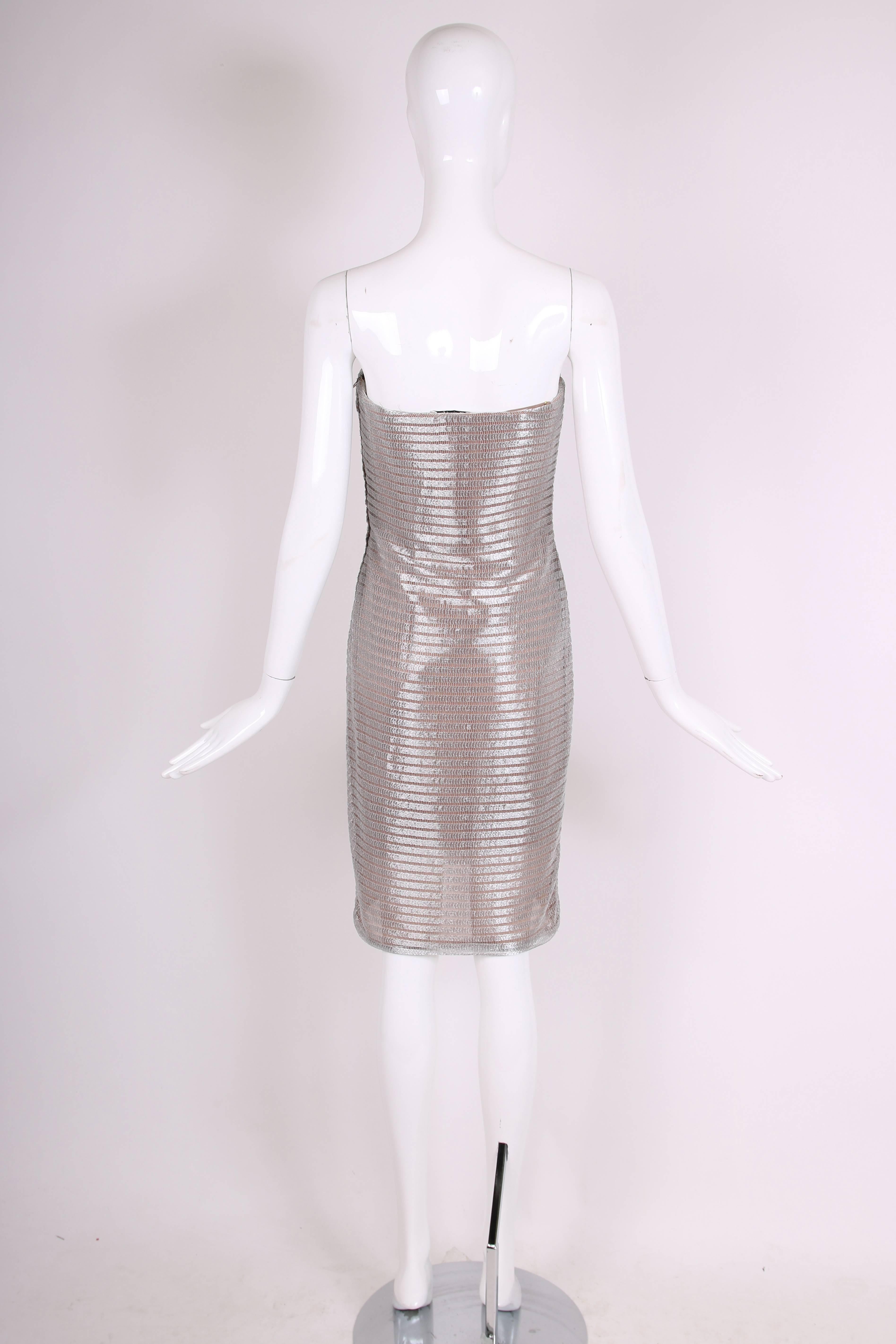 1990's Calvin Klein Collection Silver Metallic Strapless Cocktail Dress 1