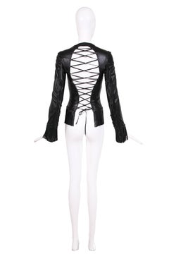 Versace S/S 2002 Black Leather Lace-Up Fringed Jacket w/Open Back