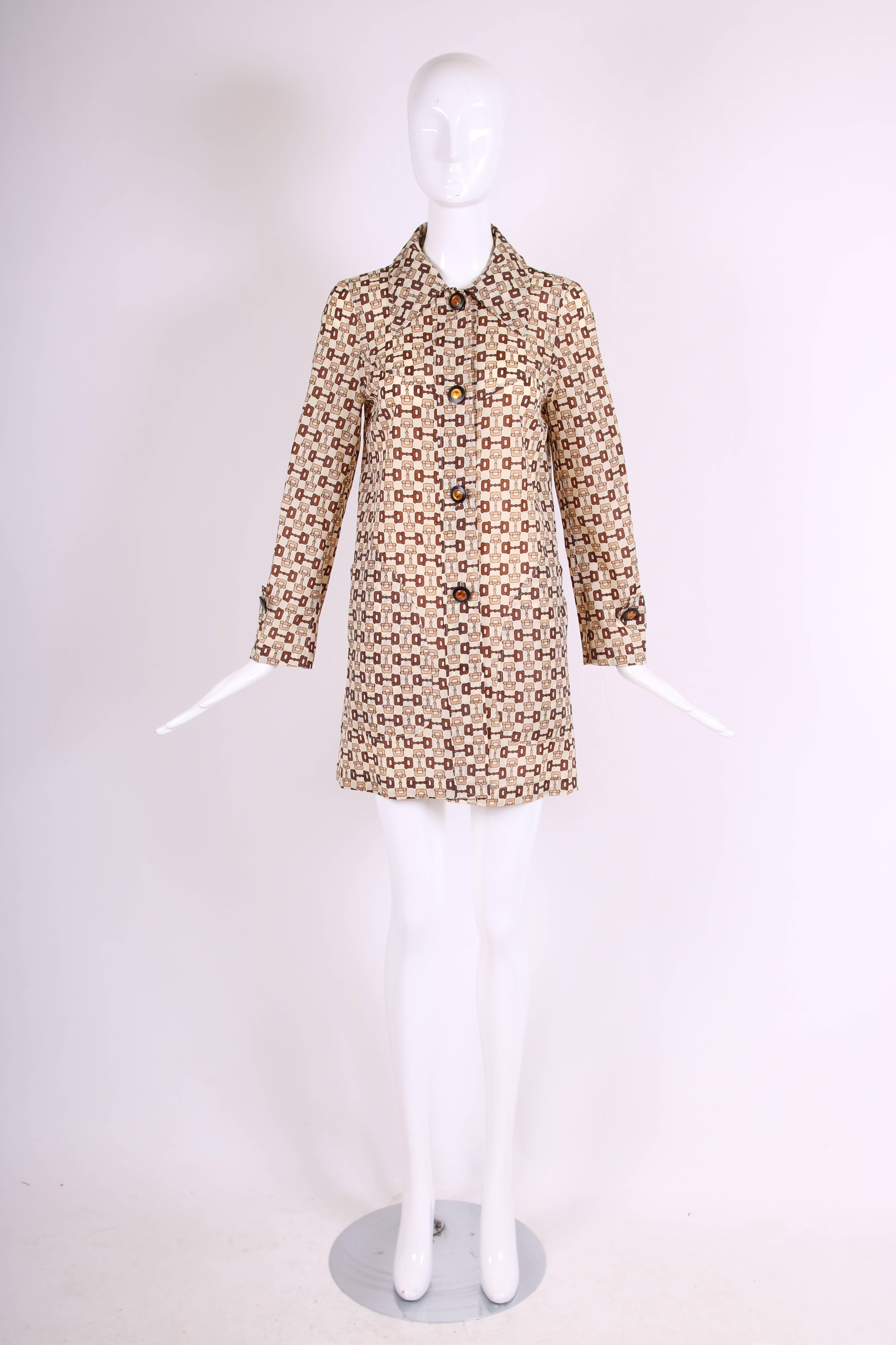Beige 1970's Gucci Horsebit Print Raincoat w/ GG Logo Buttons, Head Scarf & Pouch