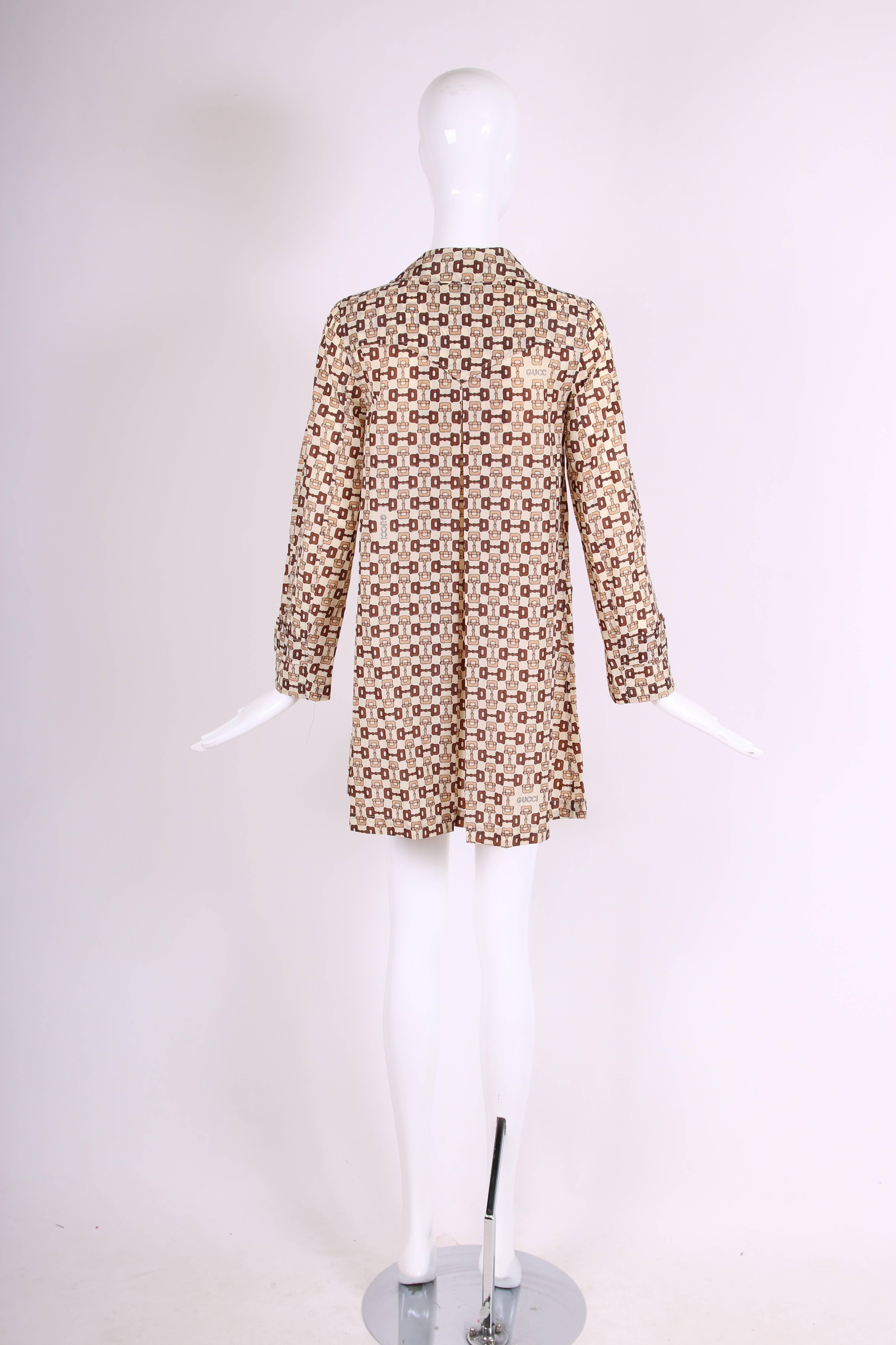 Women's 1970's Gucci Horsebit Print Raincoat w/ GG Logo Buttons, Head Scarf & Pouch