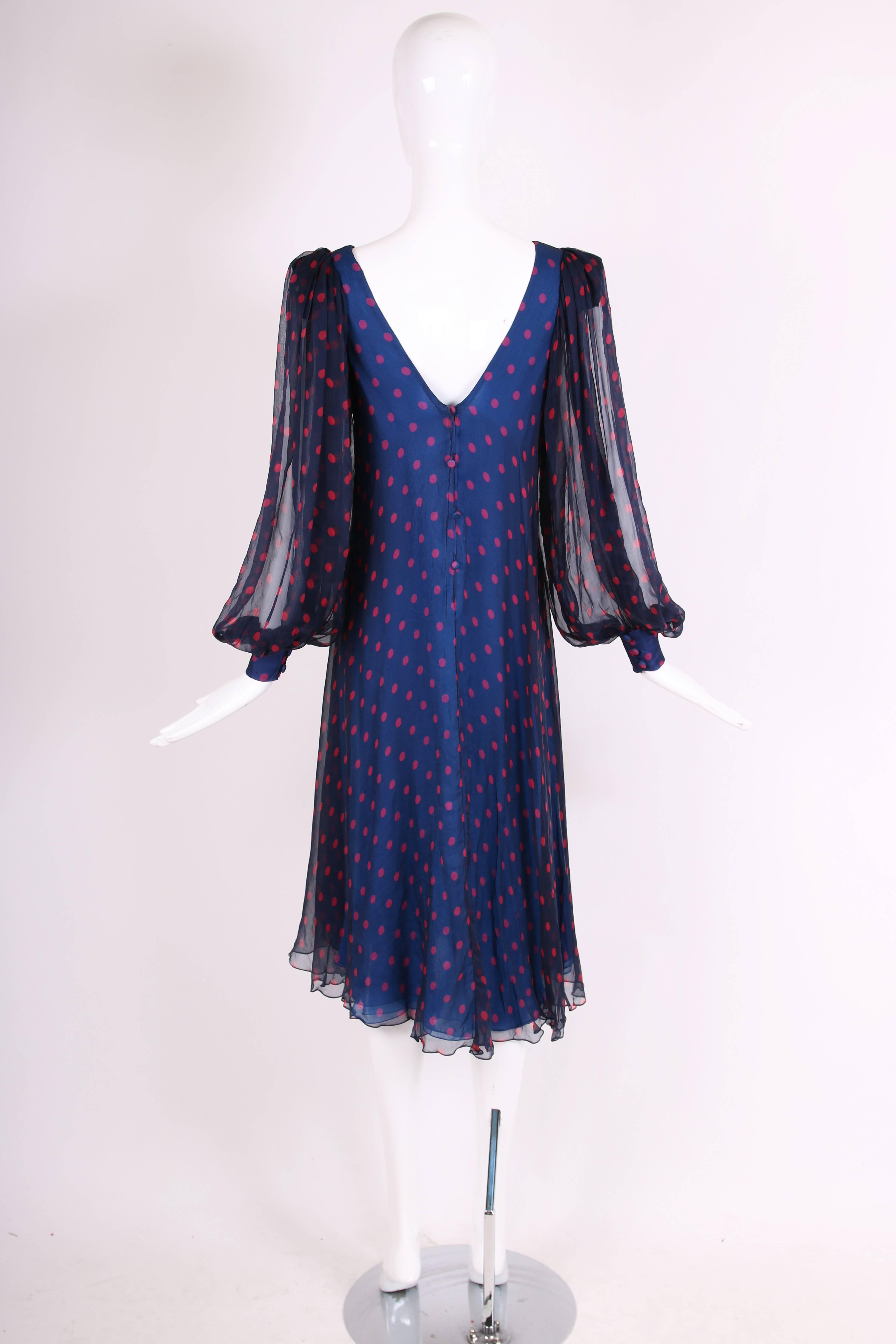 1970s Stavropoulos Silk Chiffon Polka Dot Cocktail Dress with Sheer Sleeves In Excellent Condition In Studio City, CA