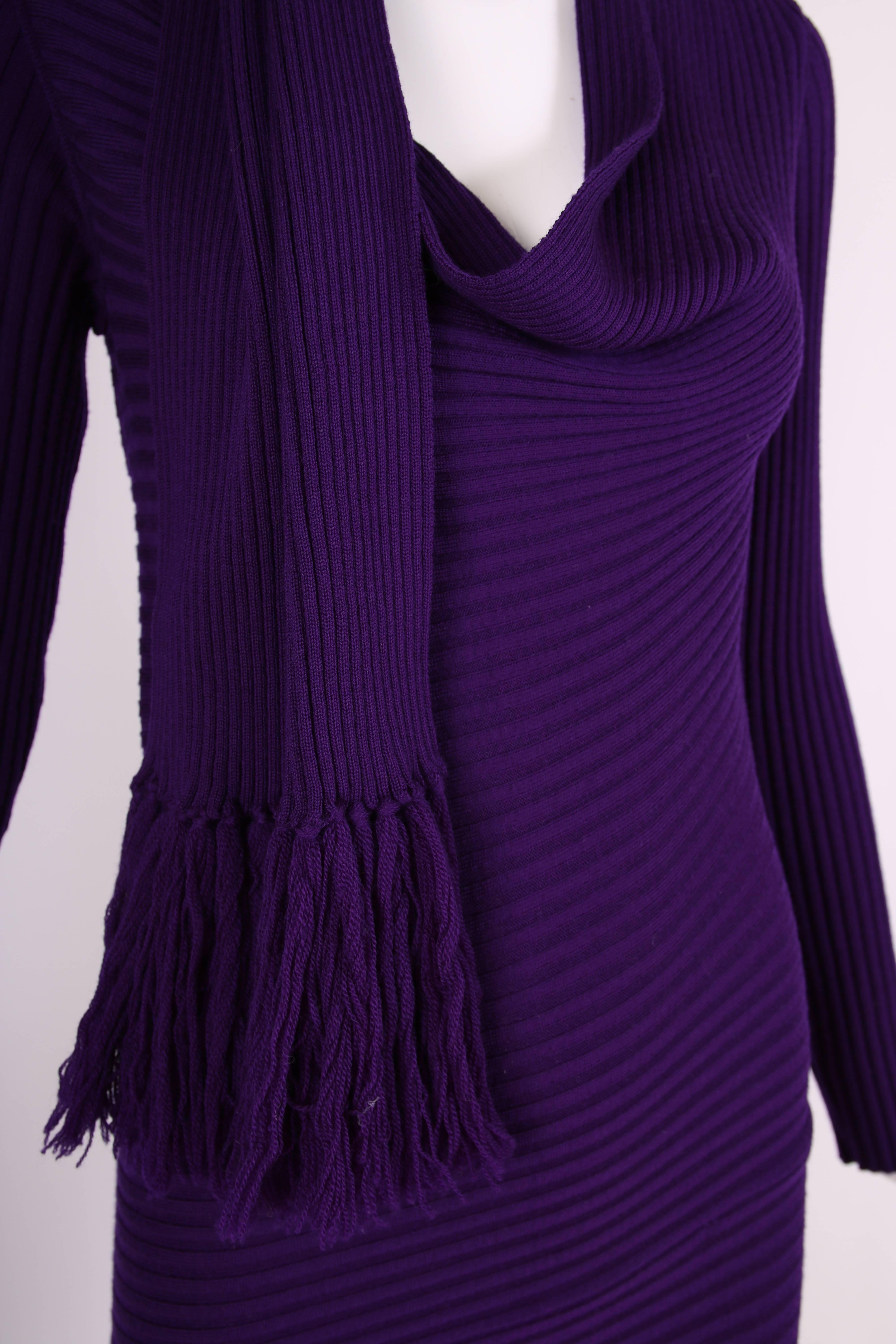 Women's Jean Paul Gaultier Deep Purple Bodycon Dress with Fringed Scarf and Side Slit For Sale