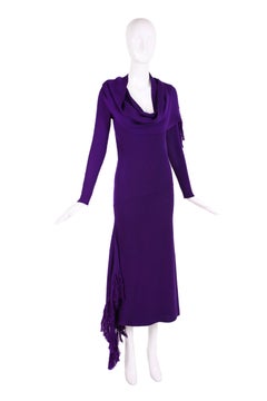 Jean Paul Gaultier Deep Purple Bodycon Dress with Fringed Scarf and Side Slit