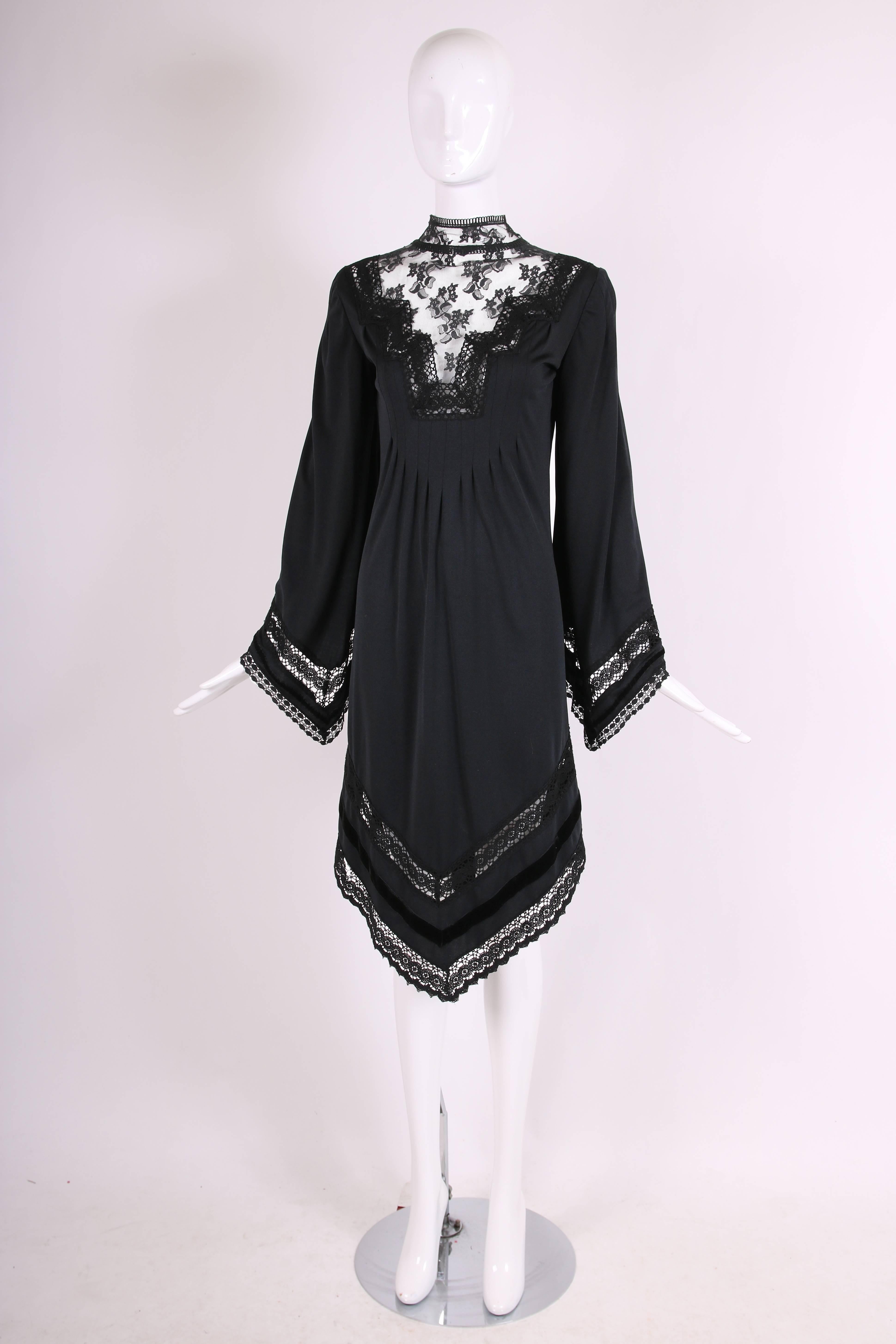 1970s Giorgio di Sant'Angelo Lace Crochet and Velvet Trim Black Jersey Dress  In Excellent Condition In Studio City, CA