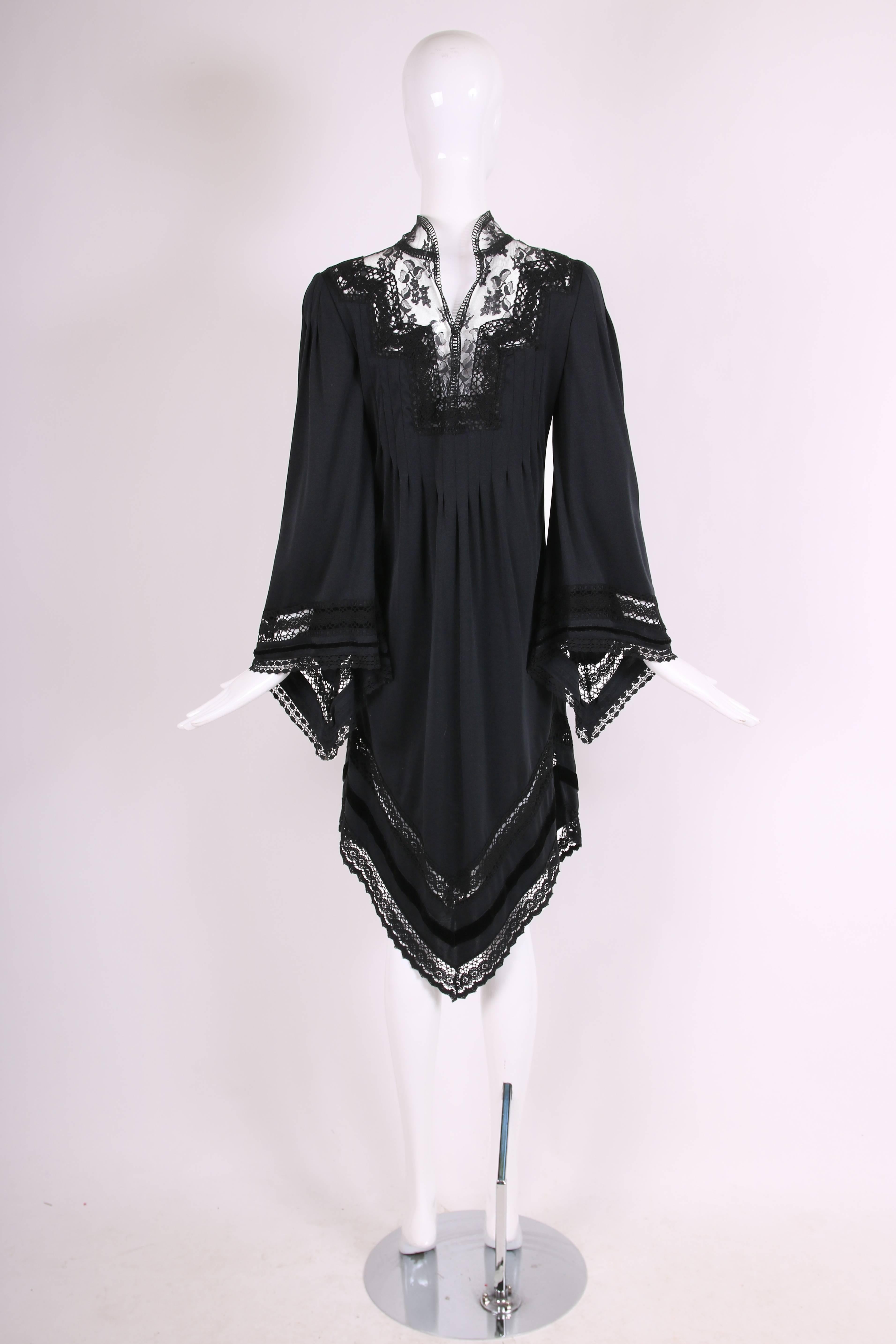 Women's 1970s Giorgio di Sant'Angelo Lace Crochet and Velvet Trim Black Jersey Dress 