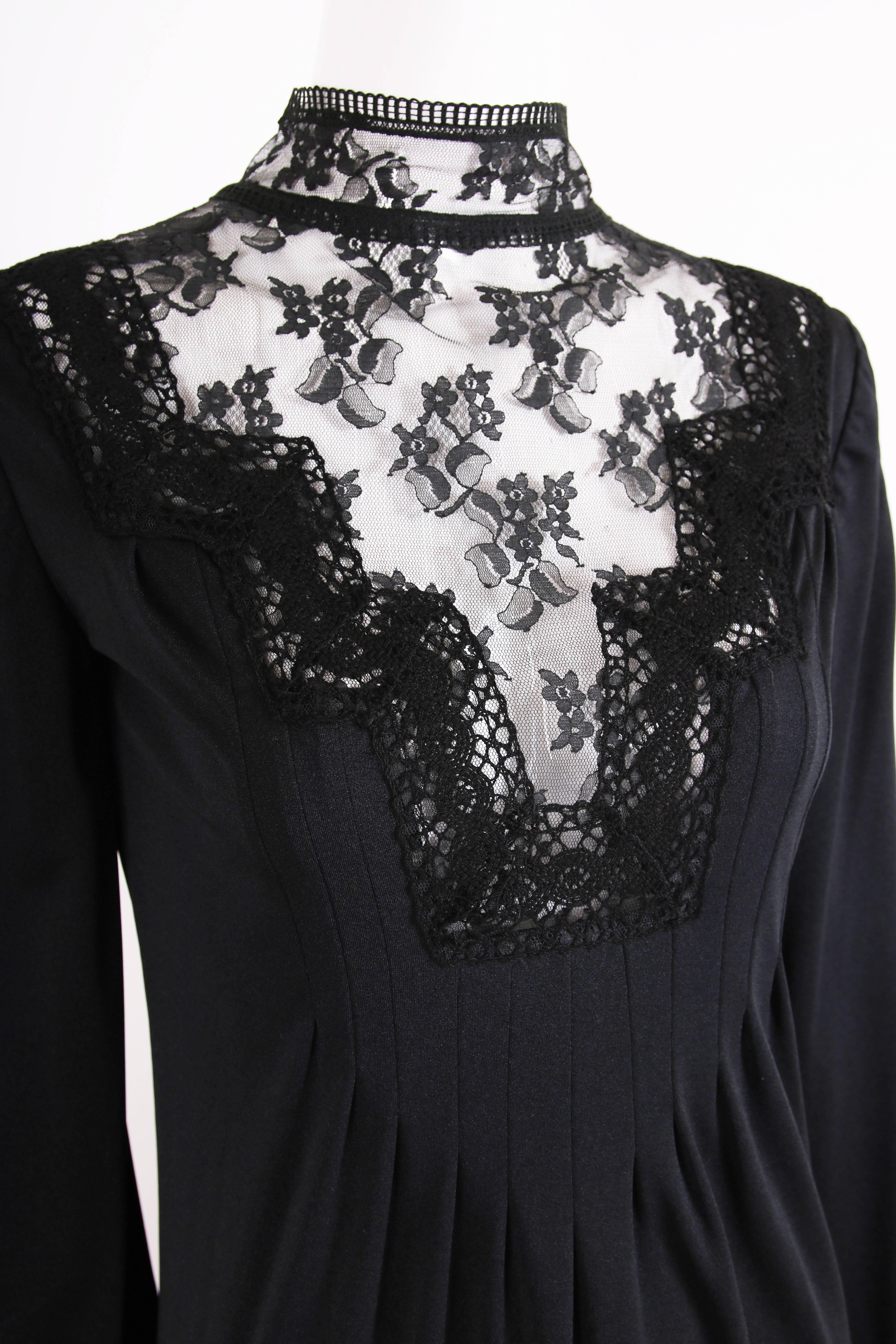 1970s Giorgio di Sant'Angelo Lace Crochet and Velvet Trim Black Jersey Dress  1