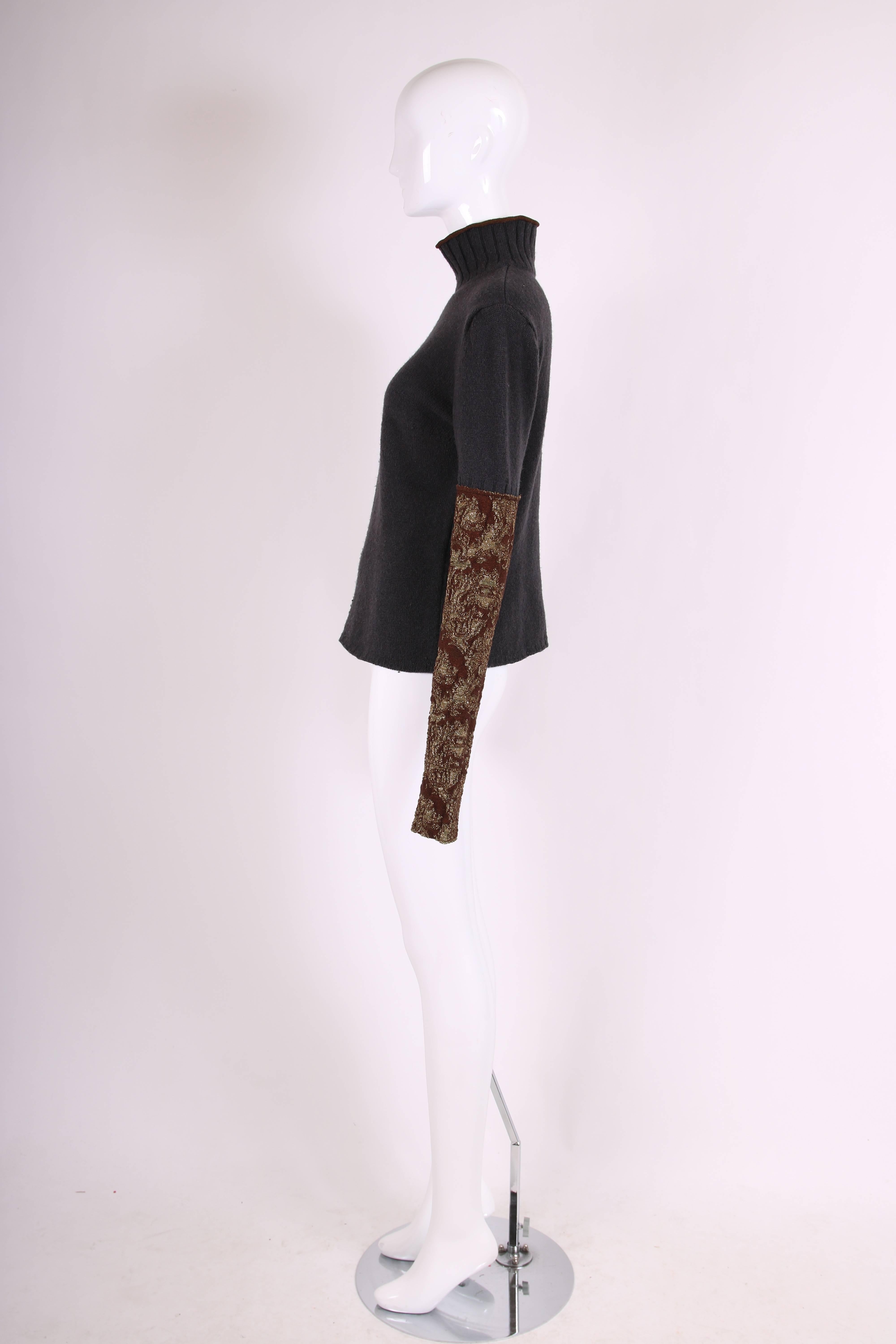 Black Dries Van Noten Charcoal Grey Wool Mock-Neck Sweater W/Metallic Folate Sleeves For Sale