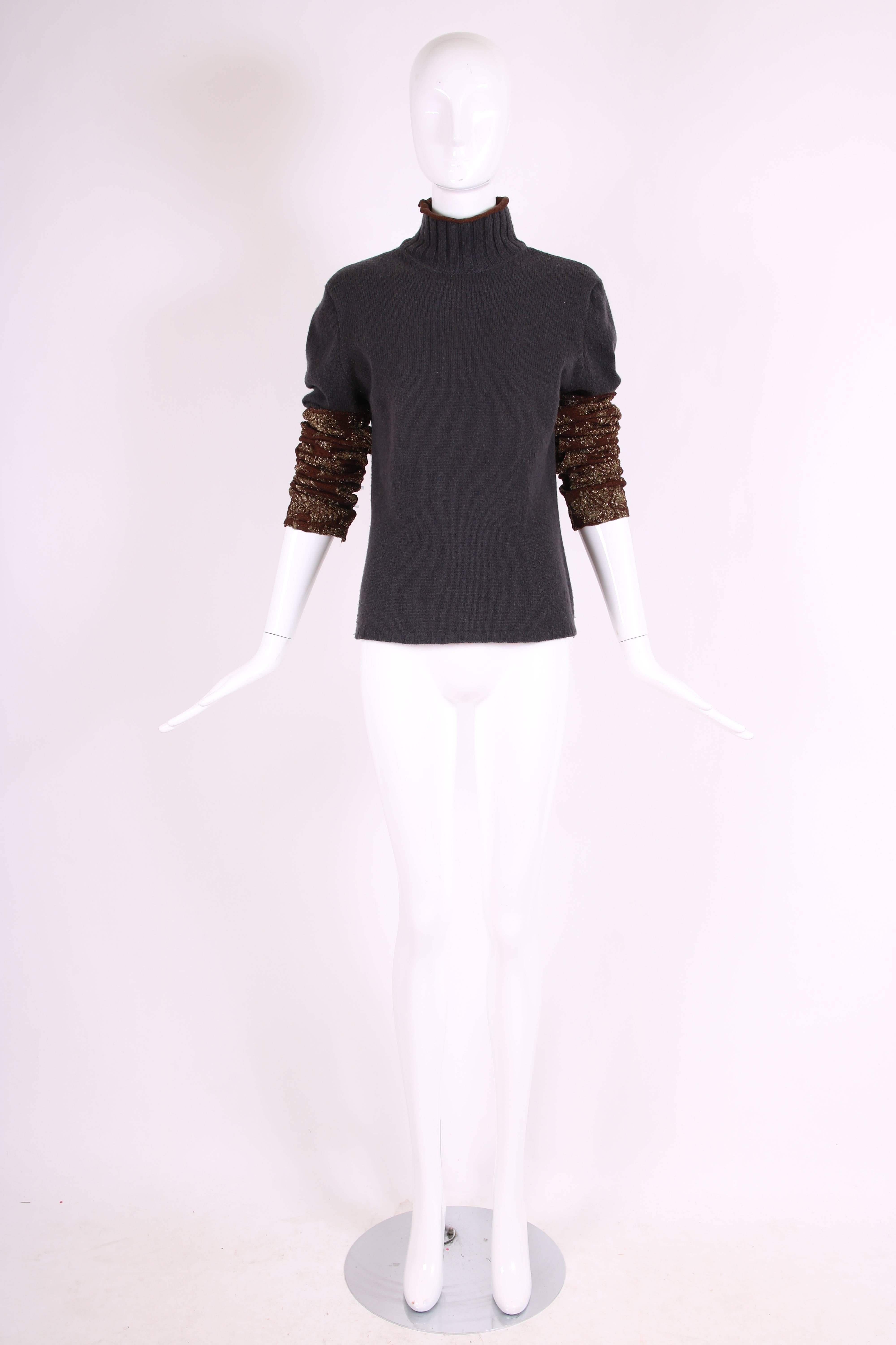 Dries Van Noten Charcoal Grey Wool Mock-Neck Sweater W/Metallic Folate Sleeves In Excellent Condition For Sale In Studio City, CA