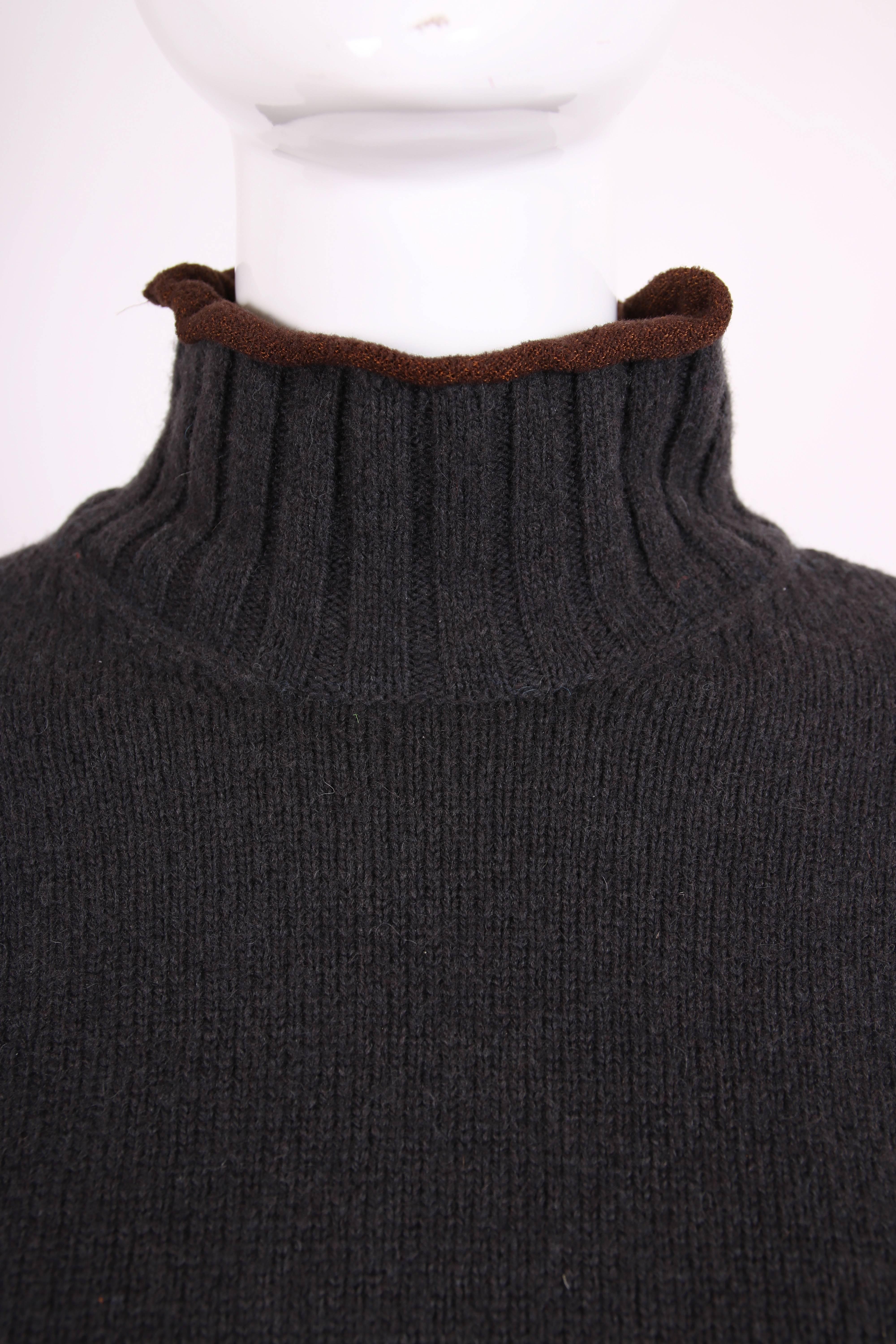 Dries Van Noten Charcoal Grey Wool Mock-Neck Sweater W/Metallic Folate Sleeves For Sale 1