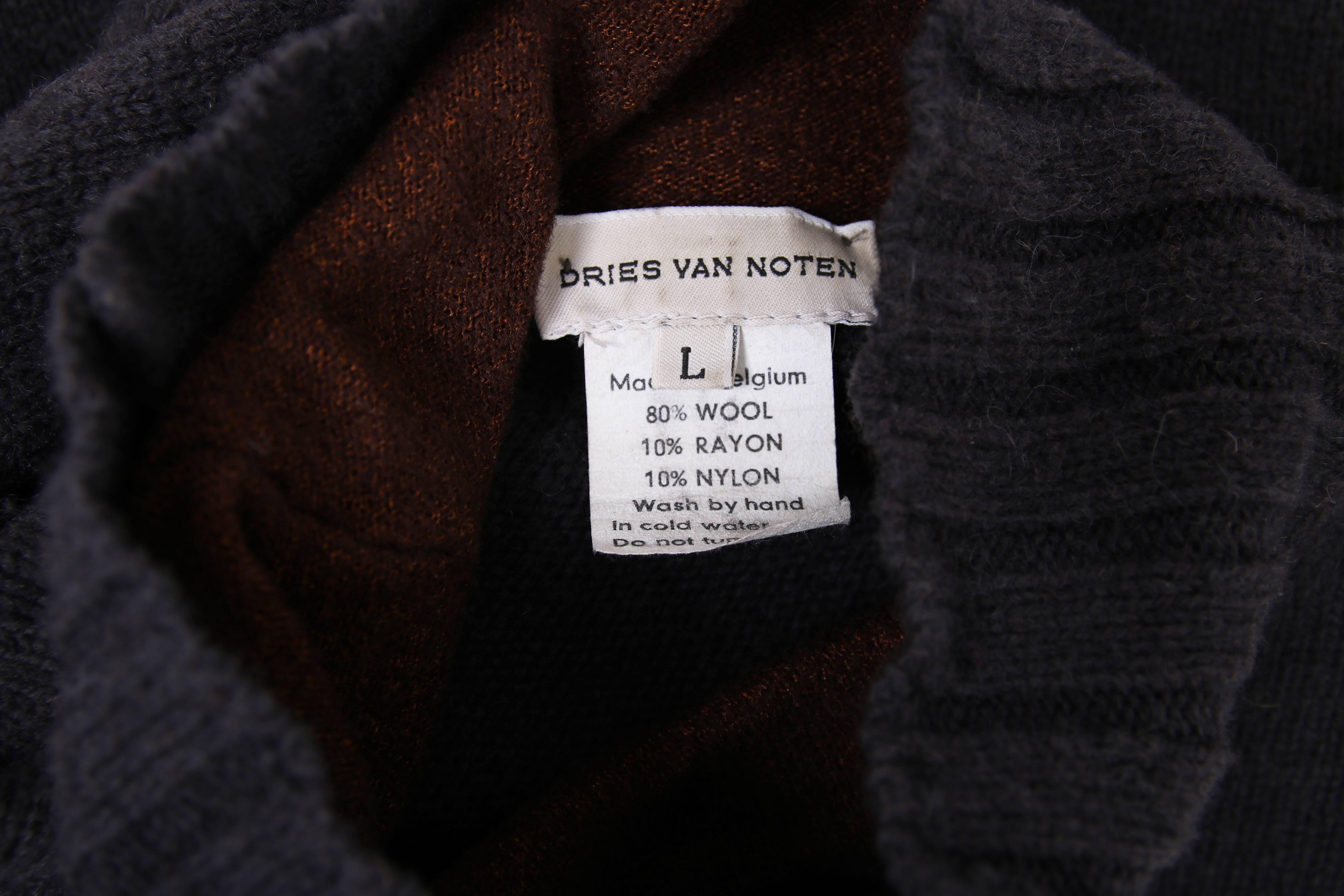 Dries Van Noten Charcoal Grey Wool Mock-Neck Sweater W/Metallic Folate Sleeves For Sale 2