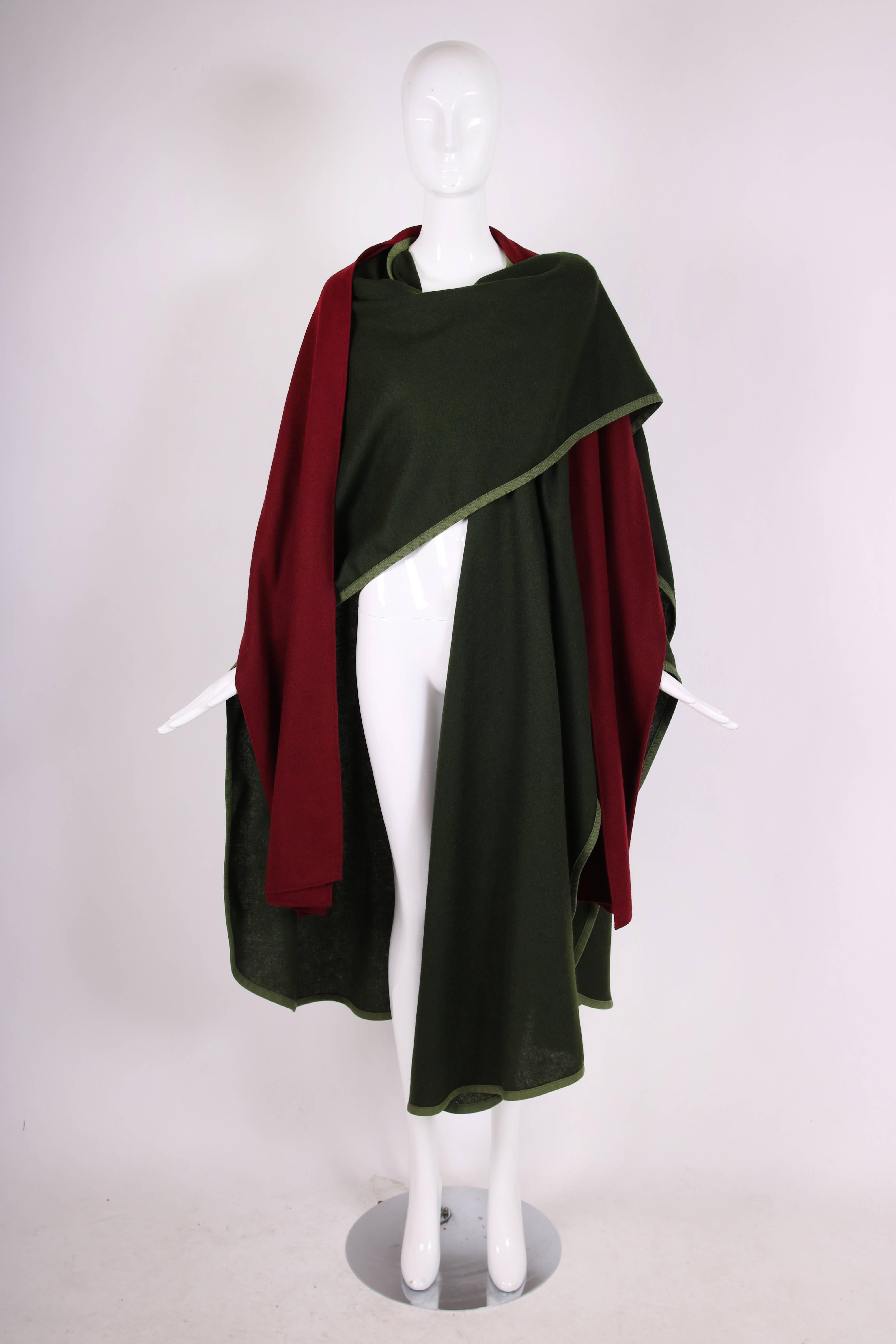 1970's Rare Yves Saint Laurent YSL Green & Burgundy Wool Cape w/Woven Trim 1