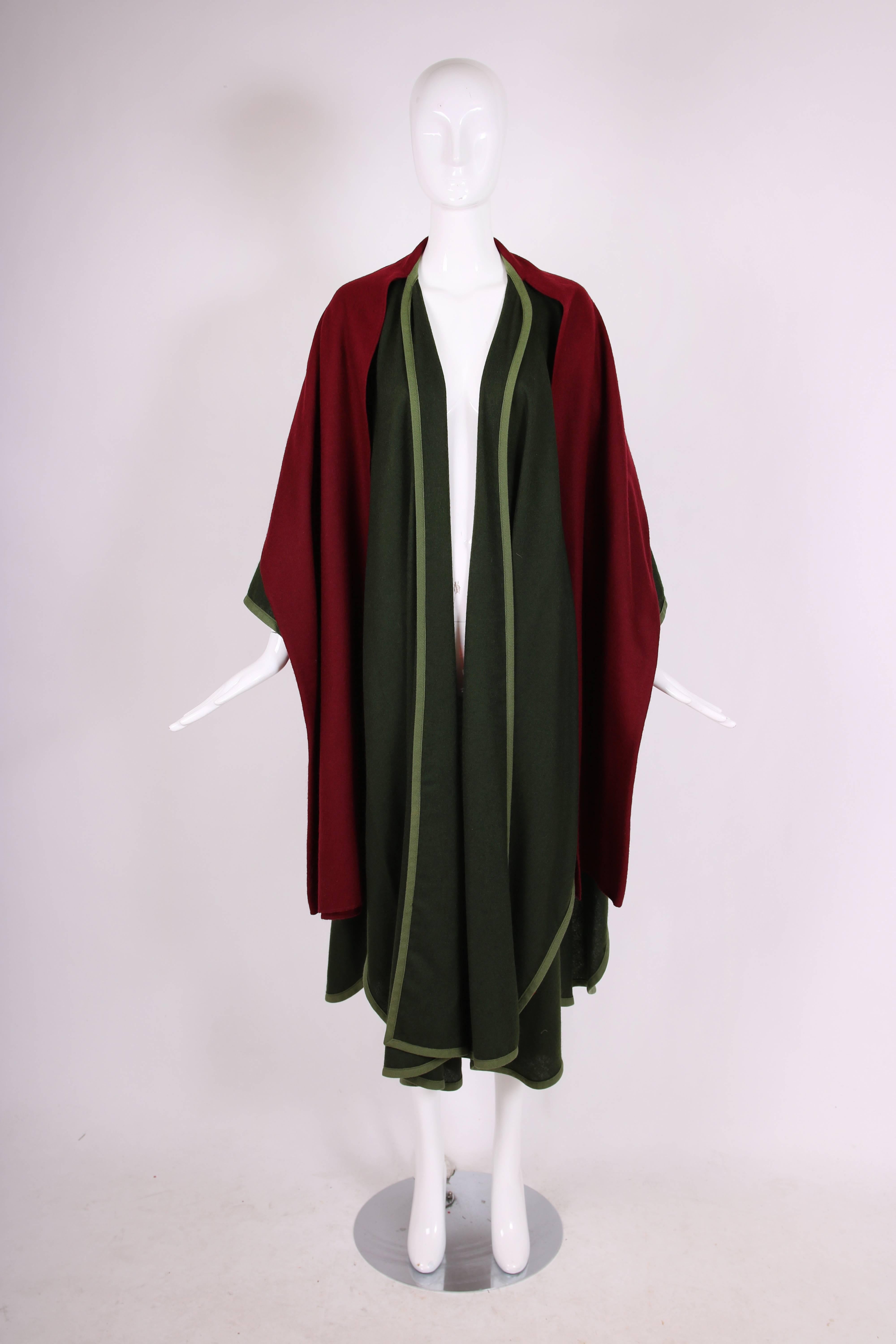 1970's Rare Yves Saint Laurent YSL Green & Burgundy Wool Cape w/Woven Trim 2