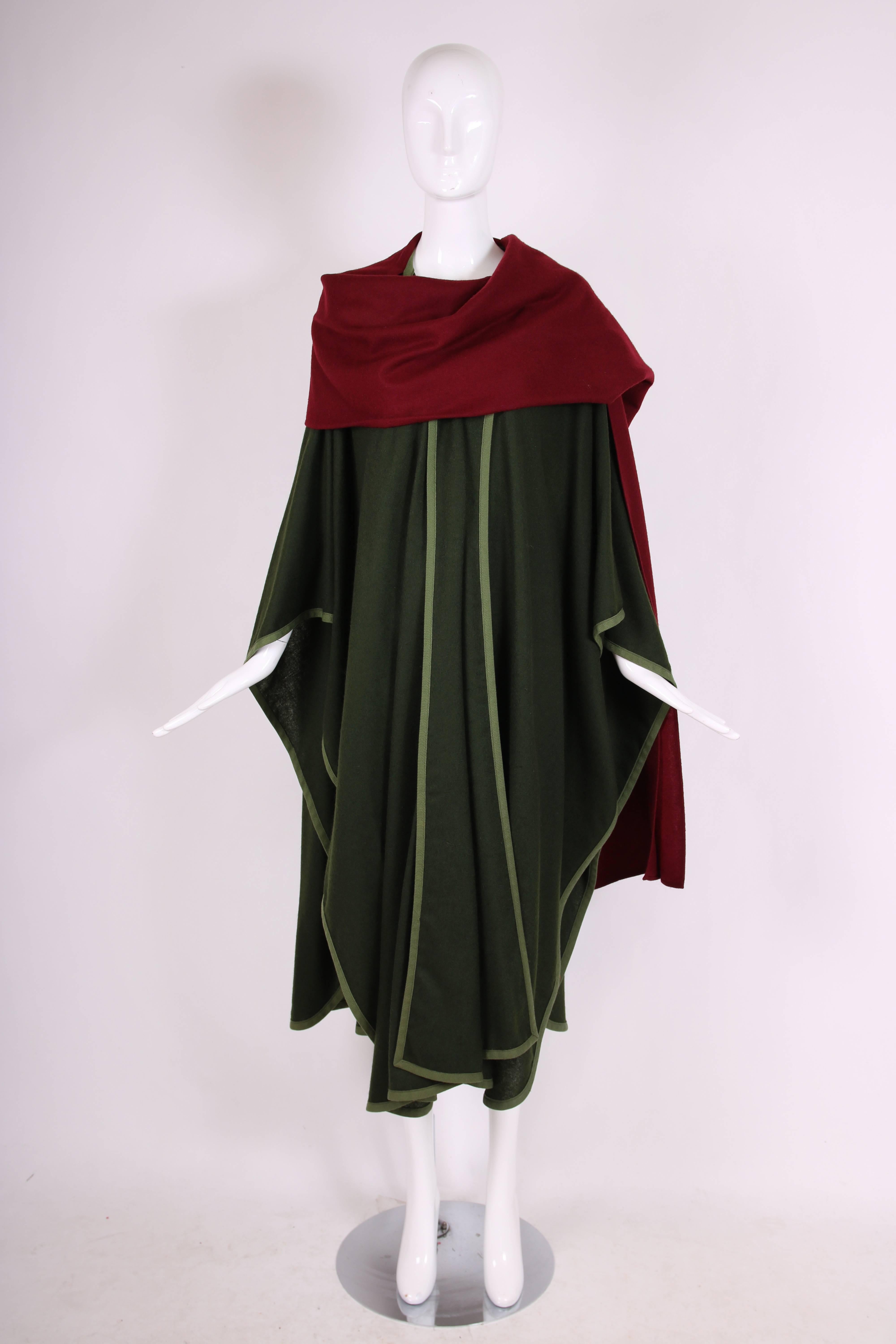 1970's Rare Yves Saint Laurent YSL Green & Burgundy Wool Cape w/Woven Trim 3