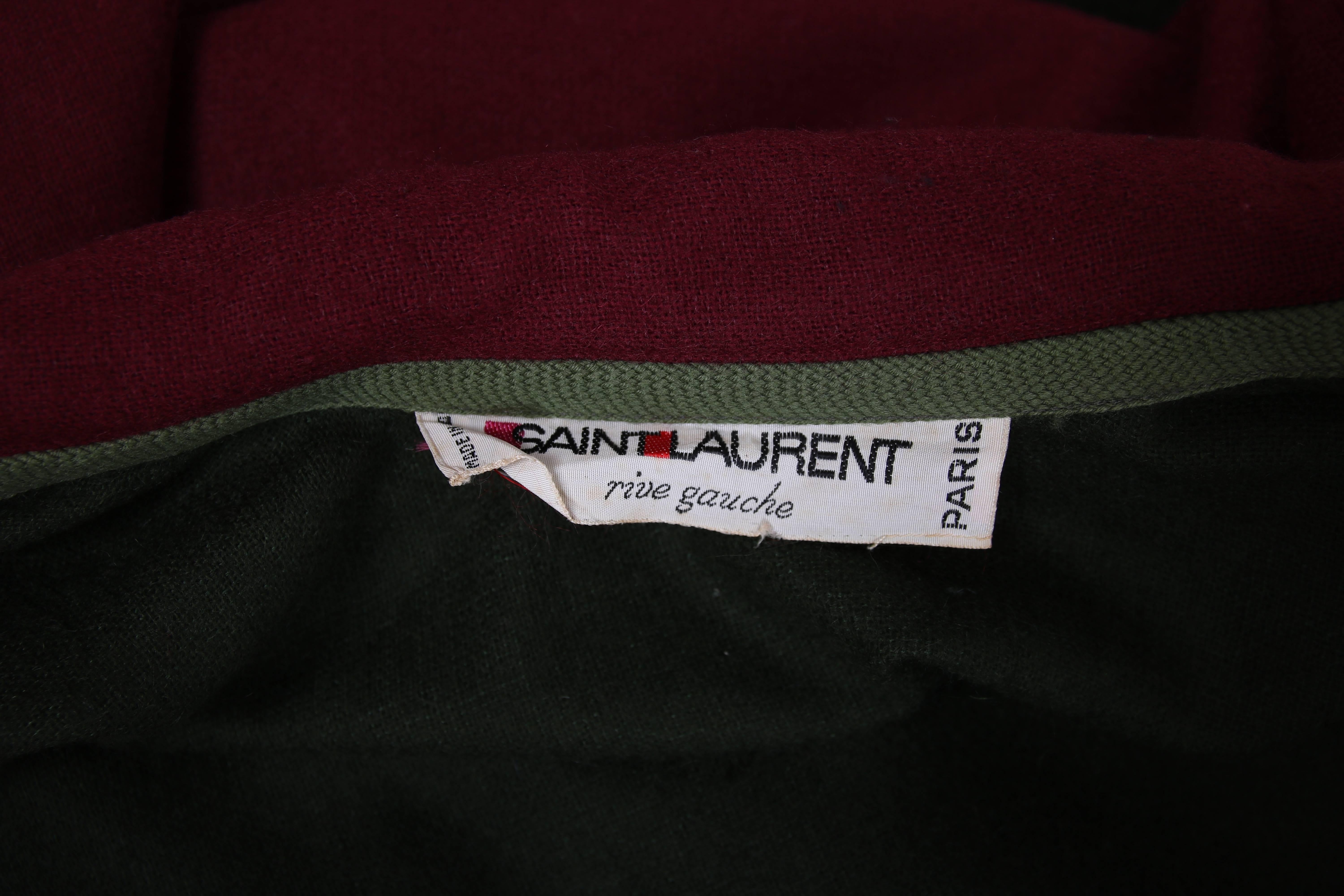 1970's Rare Yves Saint Laurent YSL Green & Burgundy Wool Cape w/Woven Trim 5