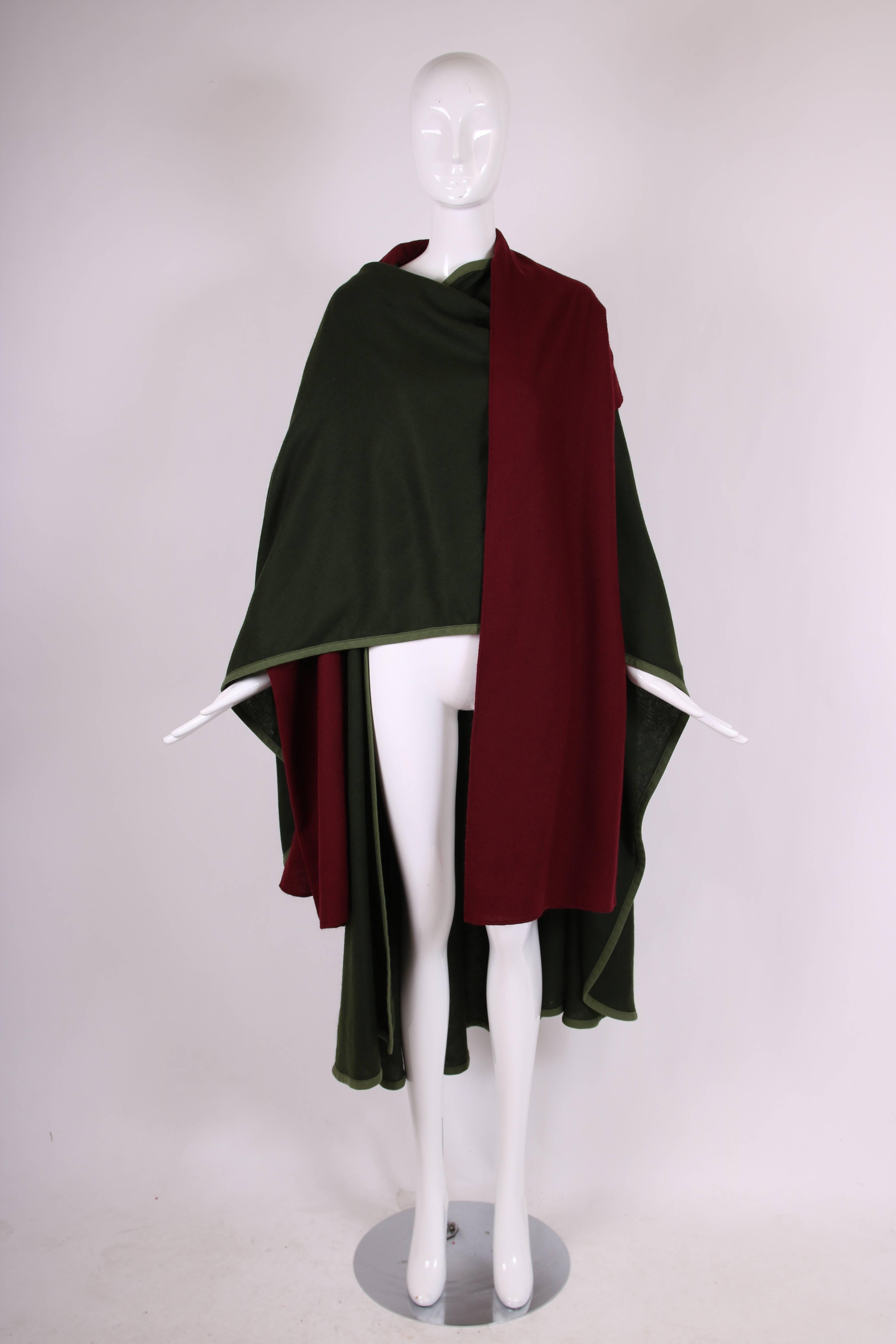 Red 1970's Rare Yves Saint Laurent YSL Green & Burgundy Wool Cape w/Woven Trim