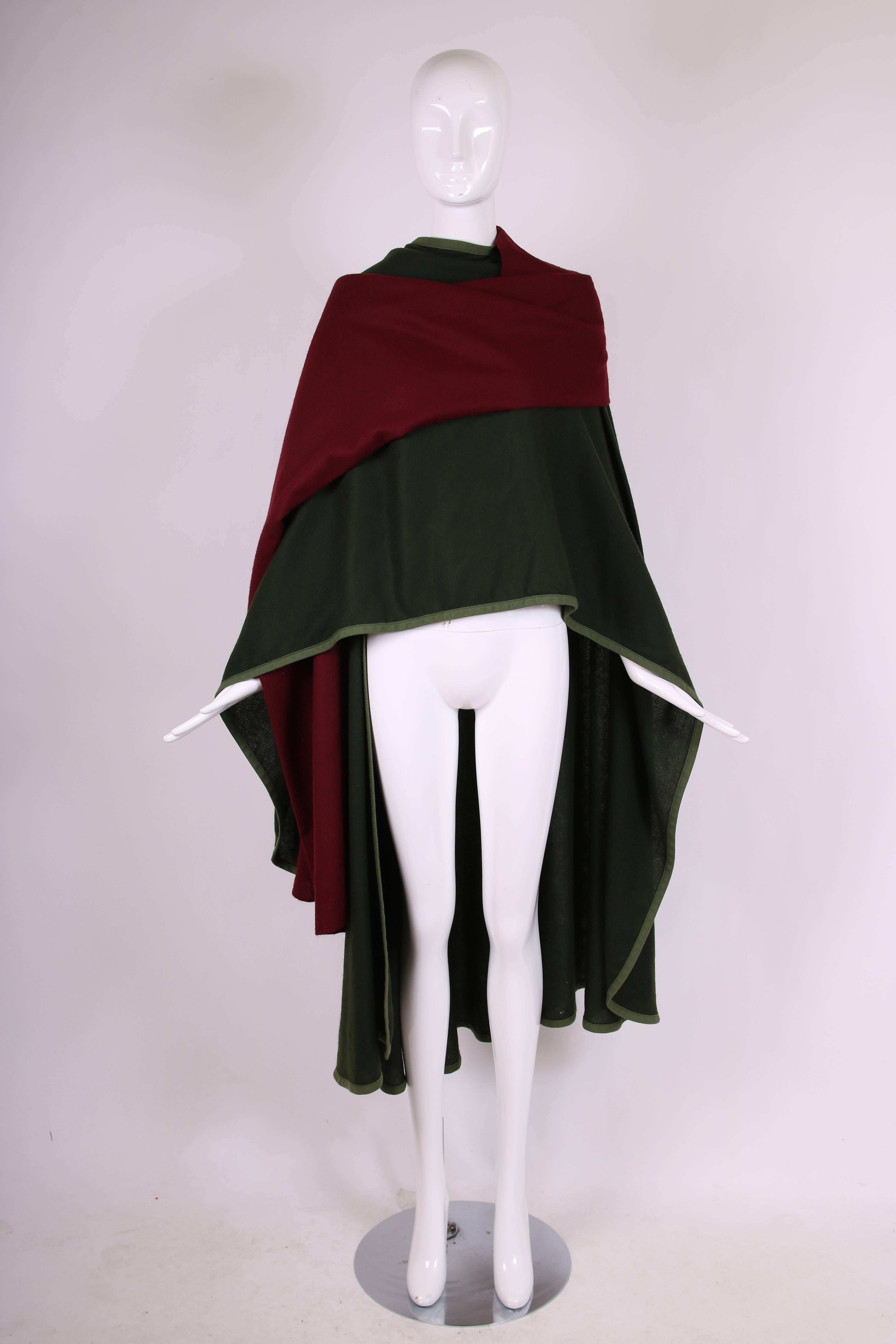 Women's or Men's 1970's Rare Yves Saint Laurent YSL Green & Burgundy Wool Cape w/Woven Trim