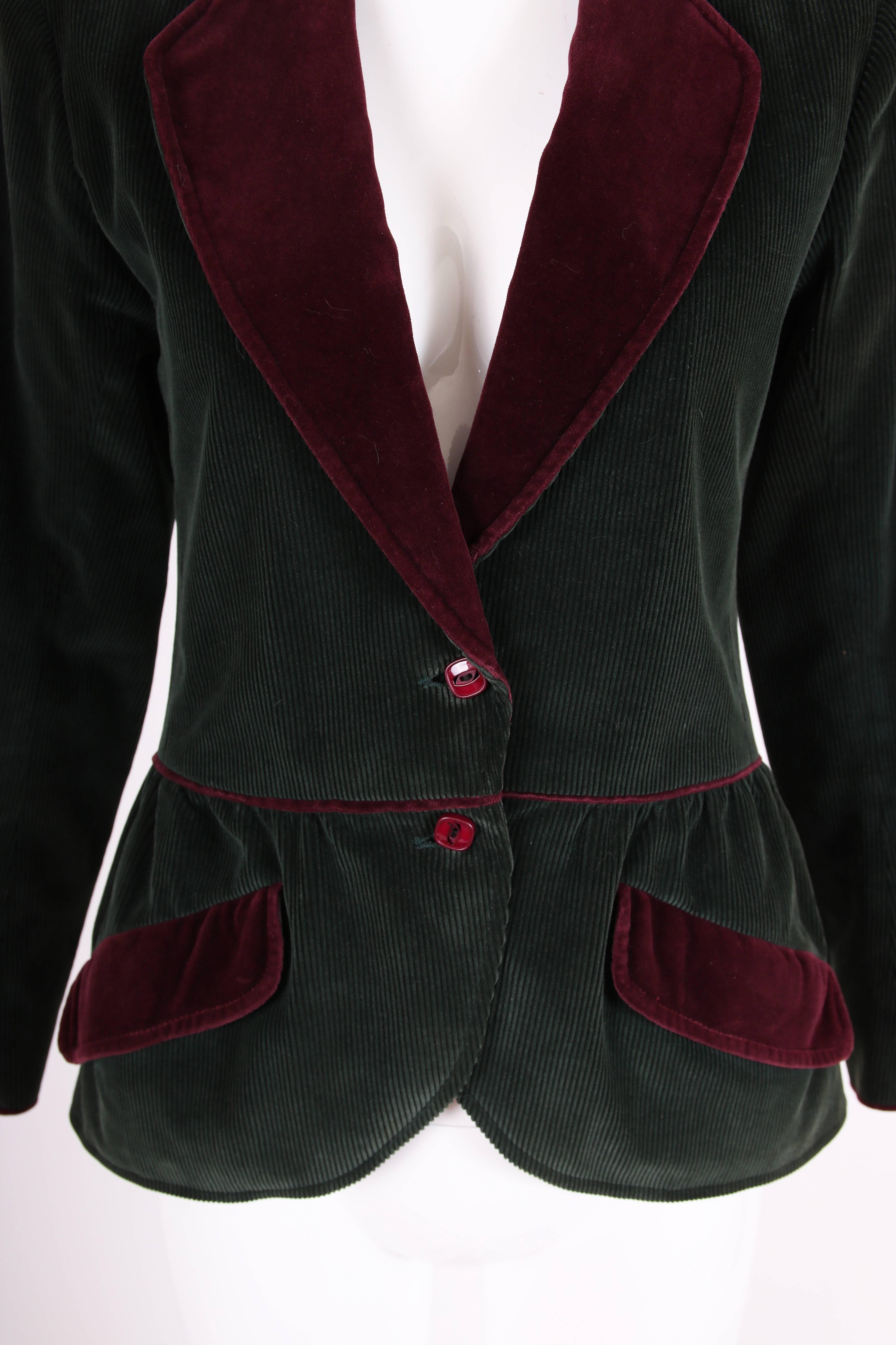 Black Yves Saint Laurent YSL Green Corduroy Jacket W/Burgundy Velvet Trim