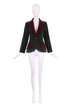 Yves Saint Laurent YSL Green Corduroy Jacket W/Burgundy Velvet Trim