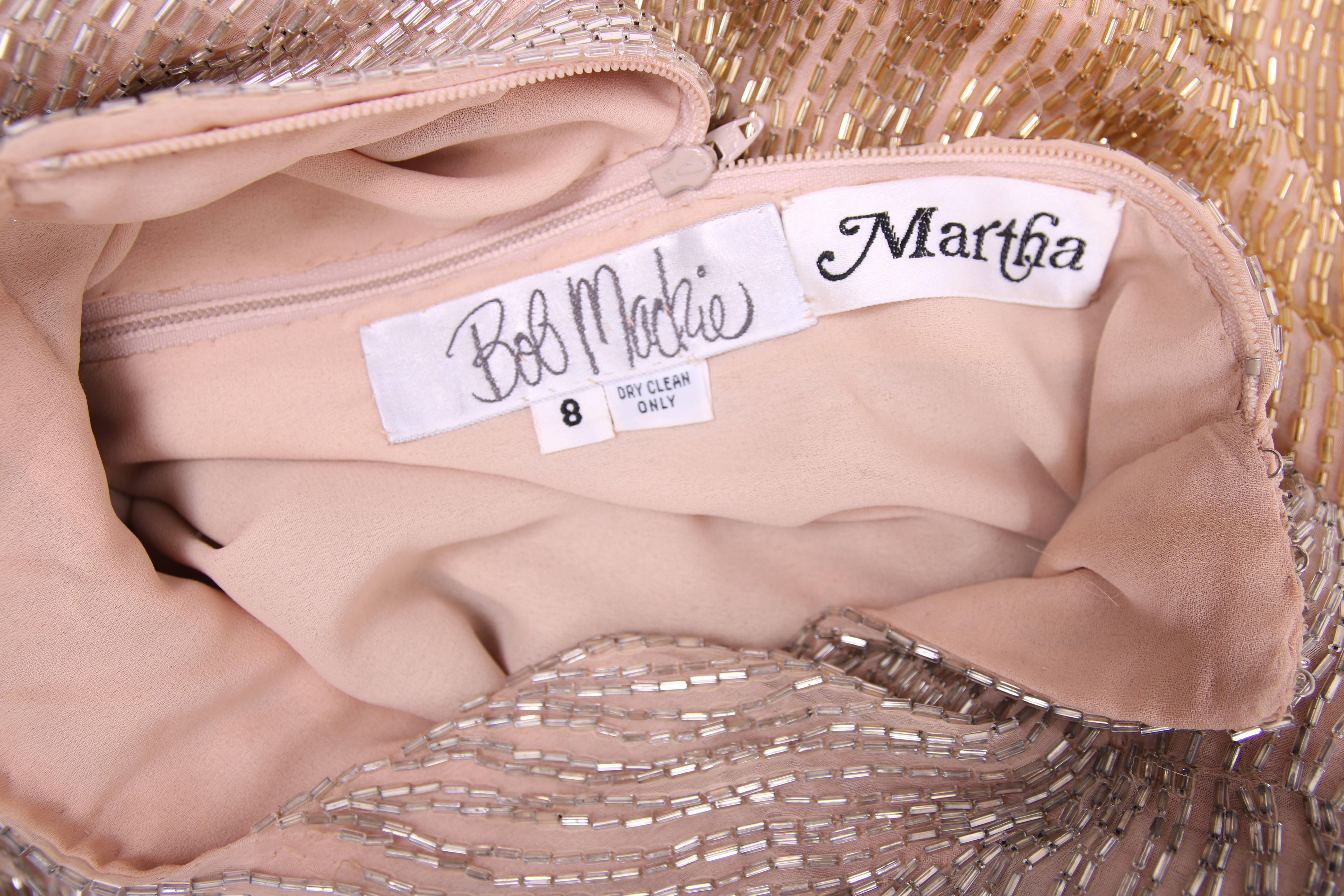 Bob Mackie Champagne Silk Gold & Silver Beaded Long Sleeved Evening Gown  In Excellent Condition In Studio City, CA