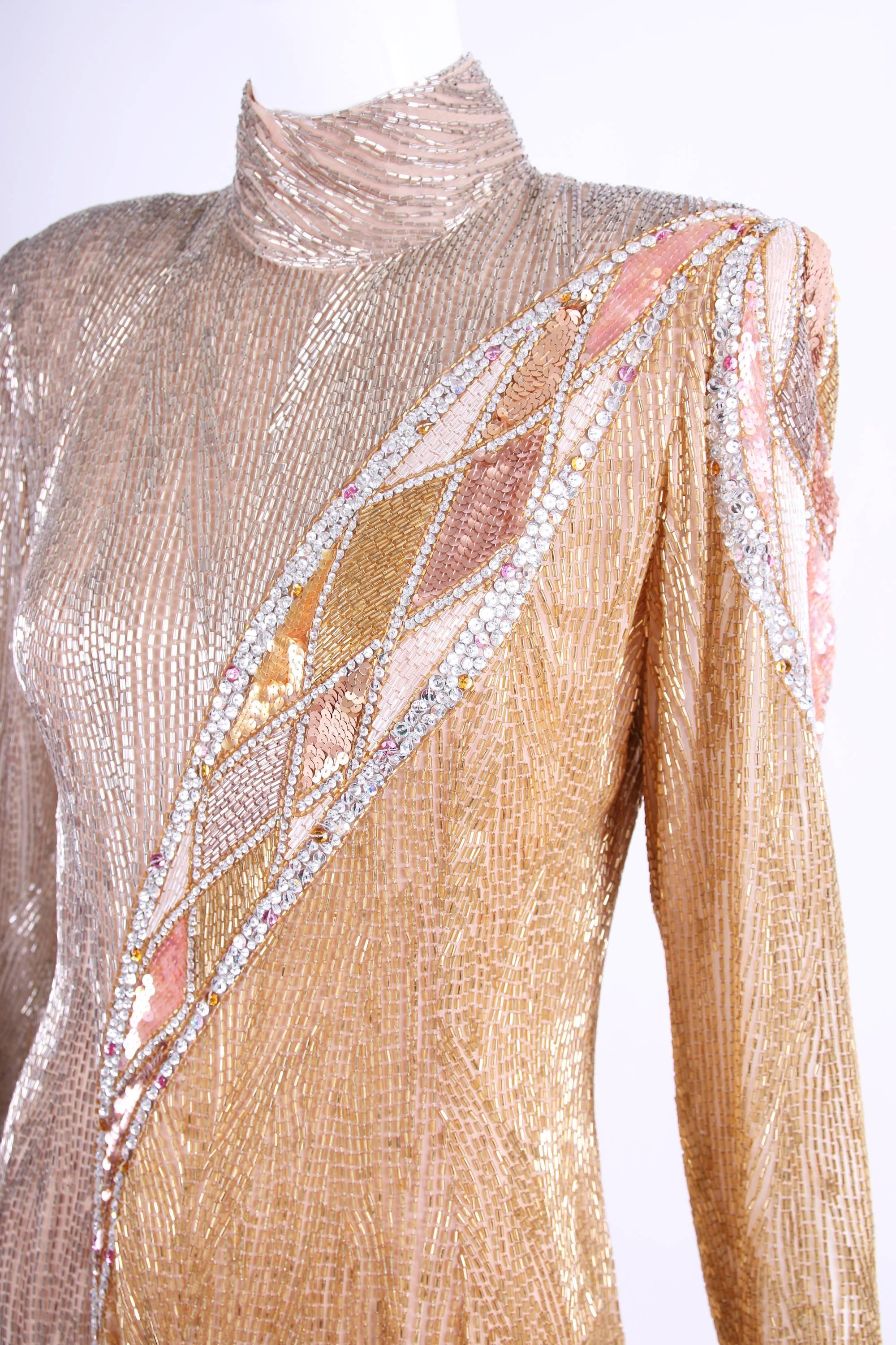 Beige Bob Mackie Champagne Silk Gold & Silver Beaded Long Sleeved Evening Gown 