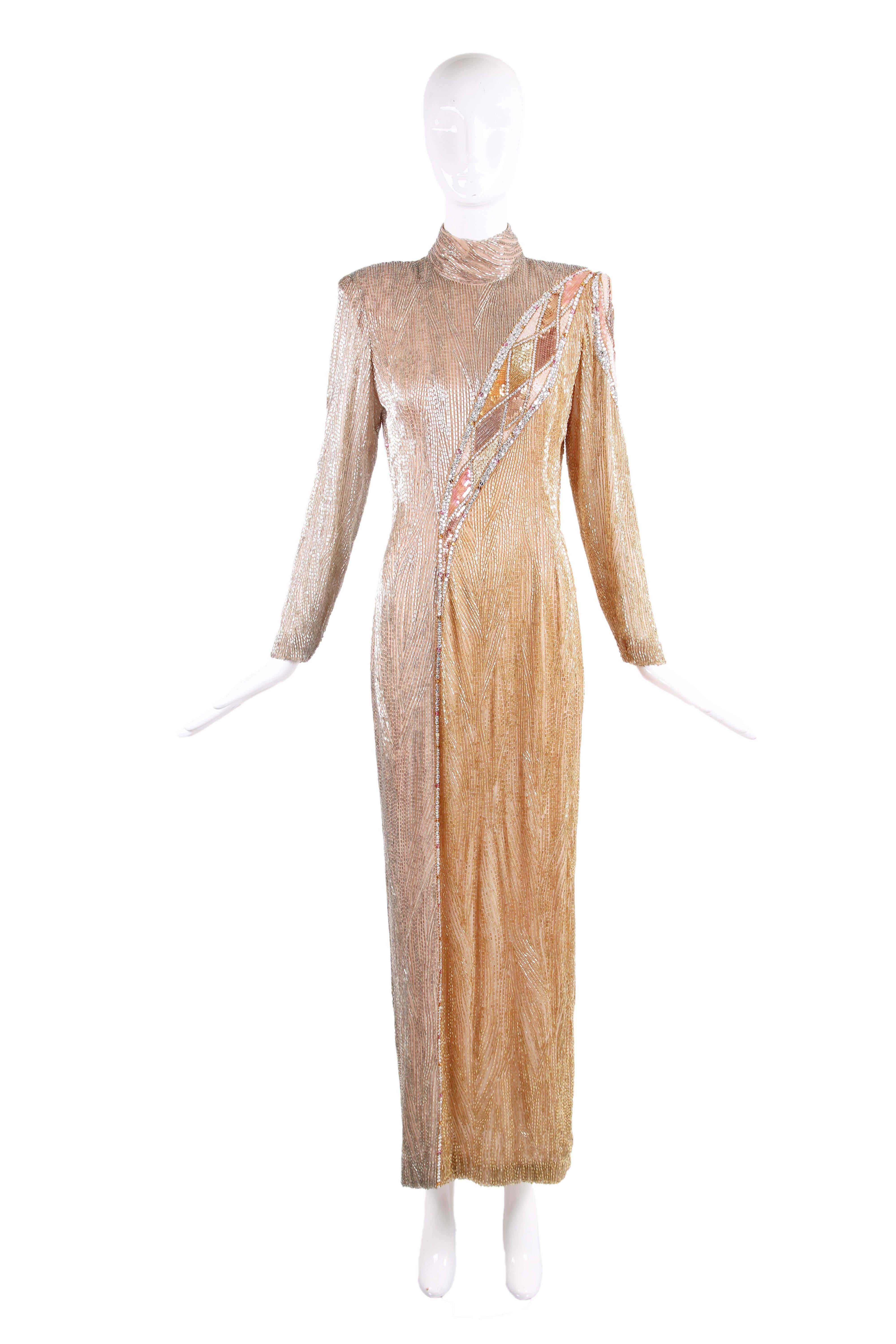 Vintage Bob Mackie champagne-colored all over beaded and sequined evening gown with deco design. IN excellent condition - size tag 8 but fits more like a 6 so please consult measurements.
MEASUREMENTS:
Shoulders - 15