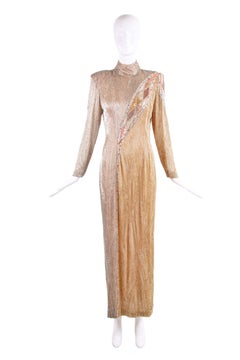 Bob Mackie Champagne Silk Gold & Silver Beaded Long Sleeved Evening Gown