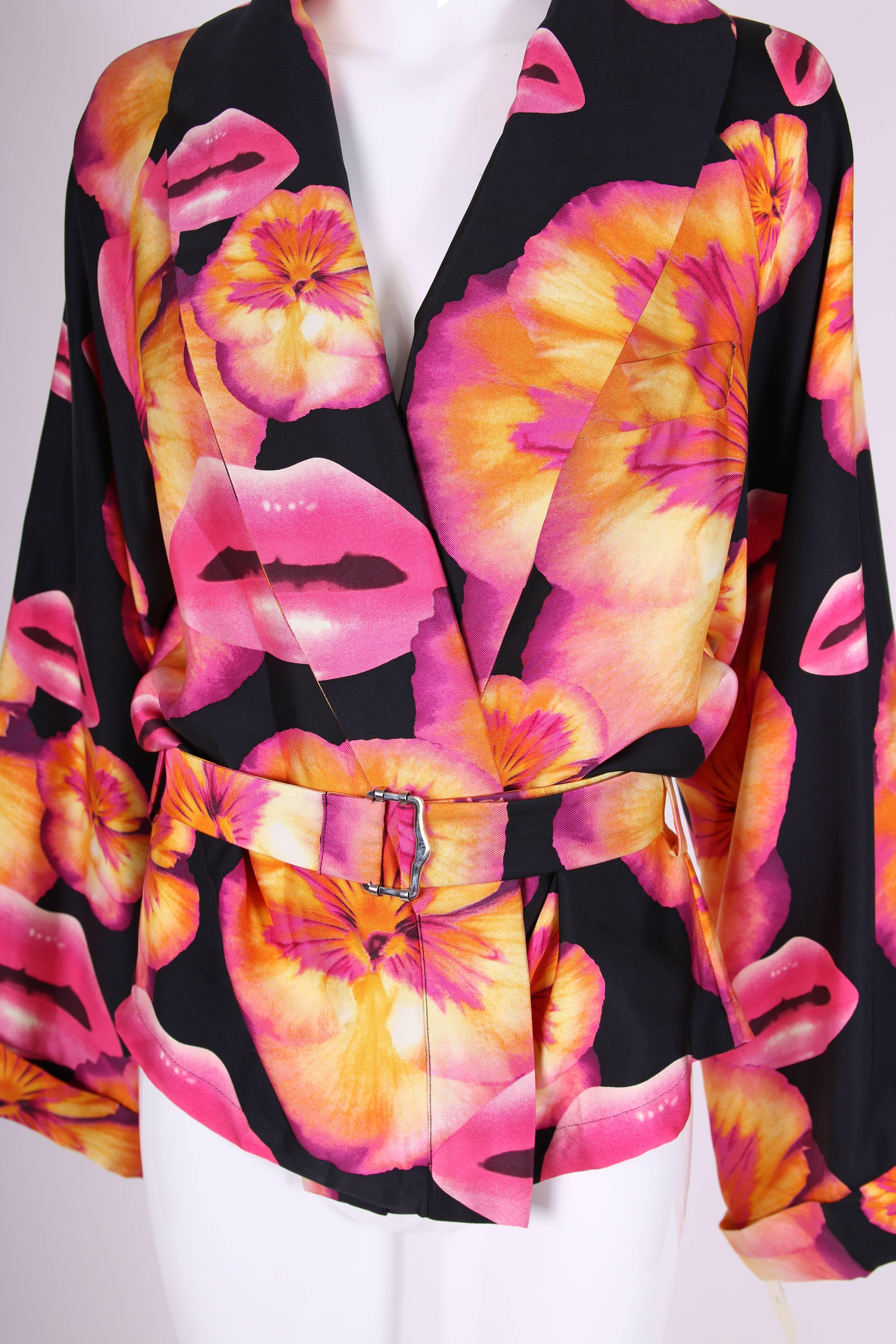 Christian Dior by Joh Galliano Silk Lip & Flower Print Kimono Style Top Jacket In Excellent Condition In Studio City, CA