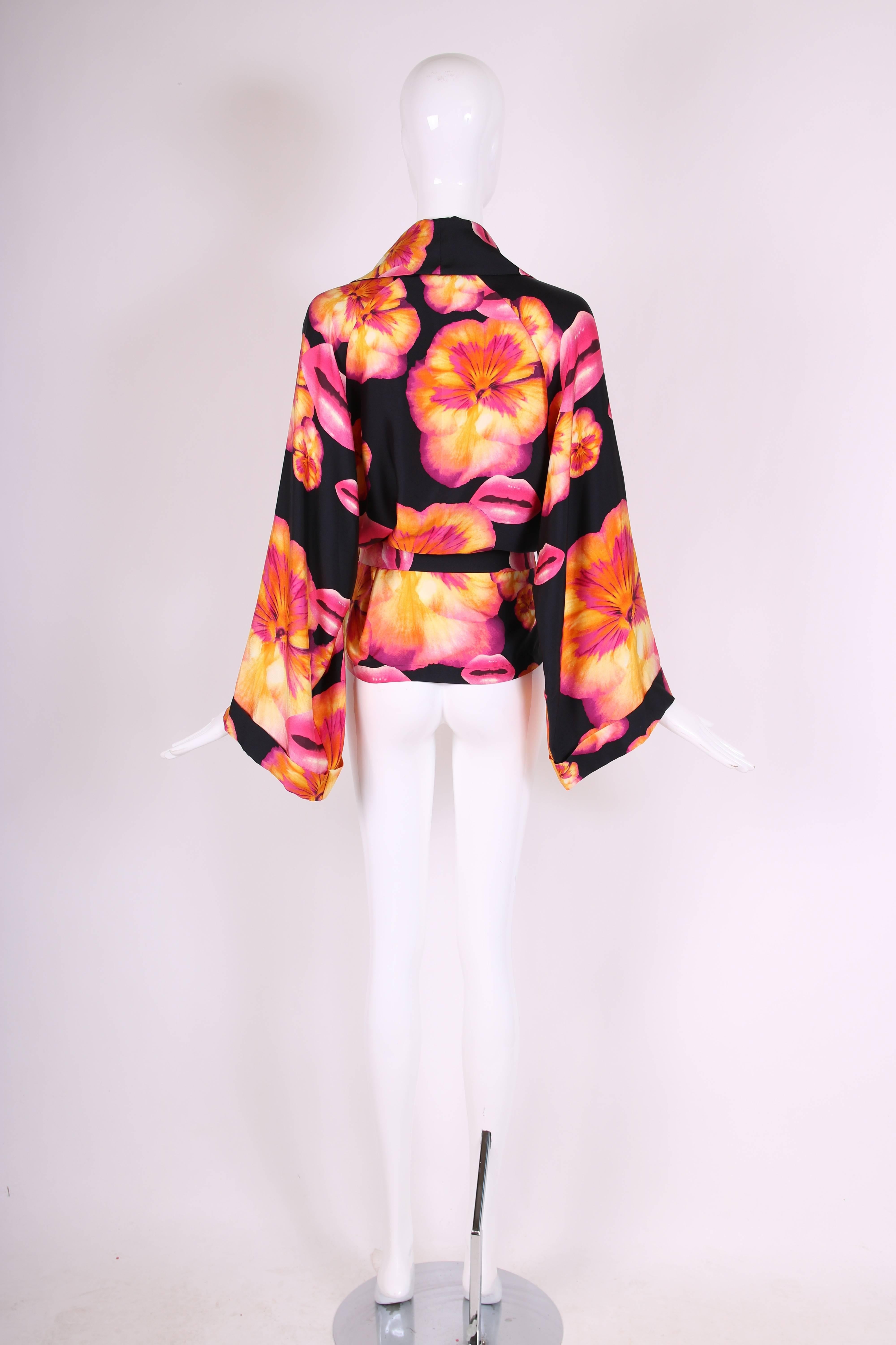 Orange Christian Dior by Joh Galliano Silk Lip & Flower Print Kimono Style Top Jacket