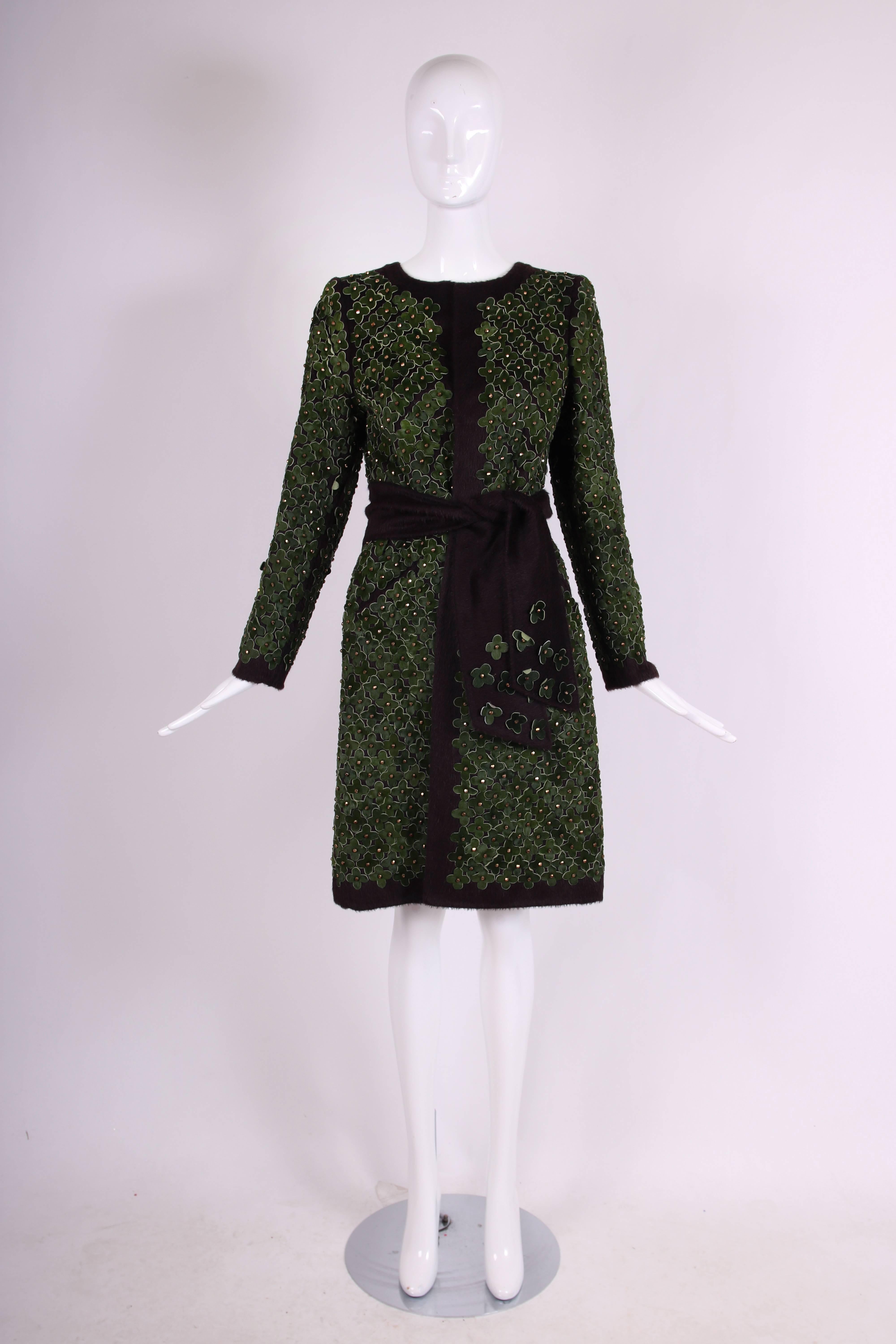 Black Bergdorf Goodman Open Front Belted Wool Coat Covered w/Suede Florets 