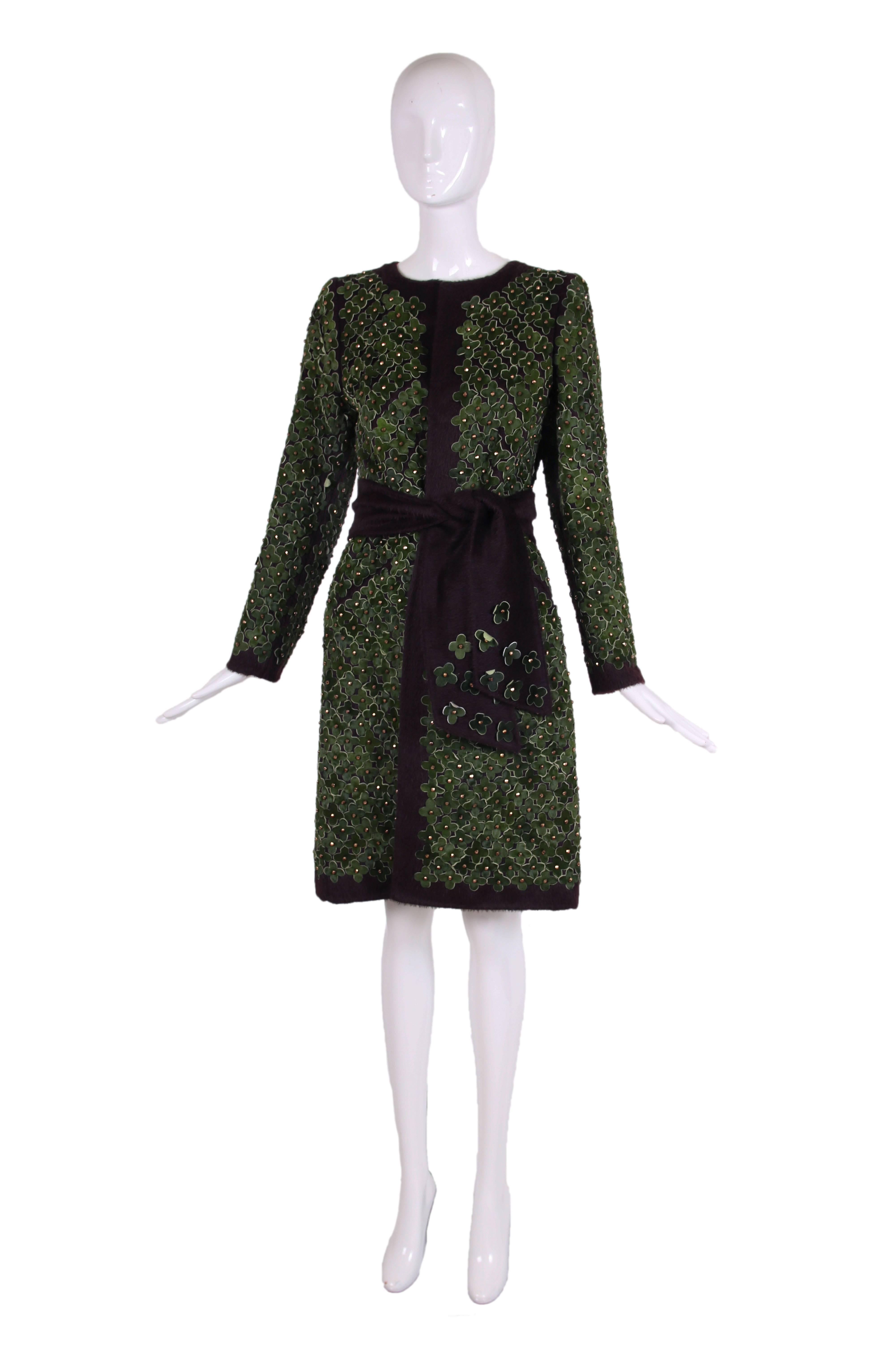 Bergdorf Goodman belted coat made from what appears to be brown mohair and covered all over with green suede florets w/faceted copper bead at the flower center. Two frontal hidden slash pockets. In excellent condition - no size tag so please consult