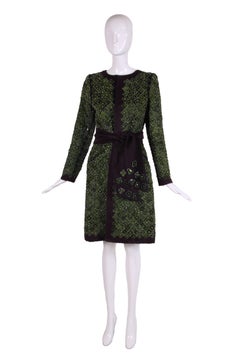 Bergdorf Goodman Open Front Belted Wool Coat Covered w/Suede Florets