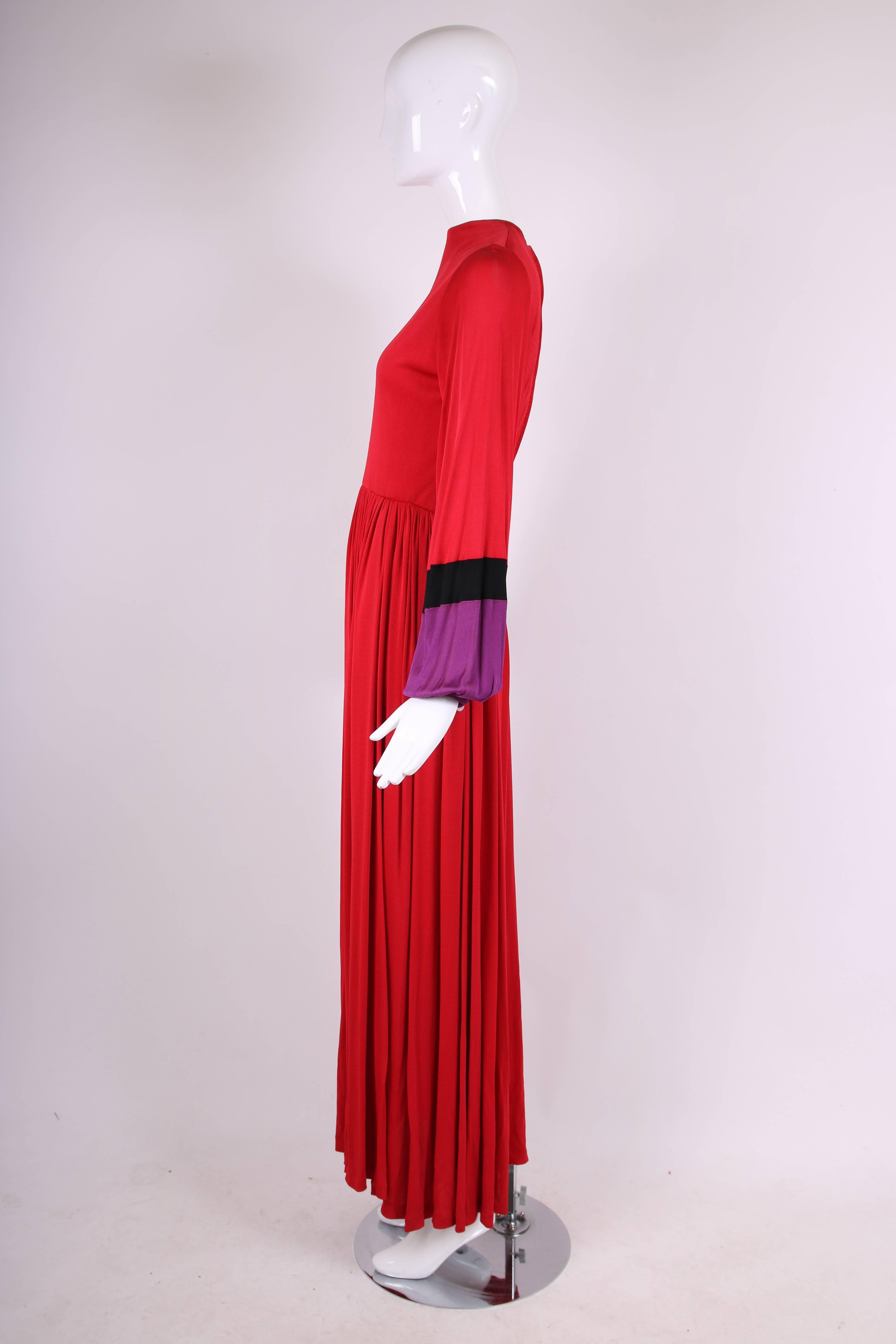 Bob Mackie and Ray Aghayan Red Jersey Maxi Dress with Colorblocked Sleeve Cuff In Good Condition In Studio City, CA