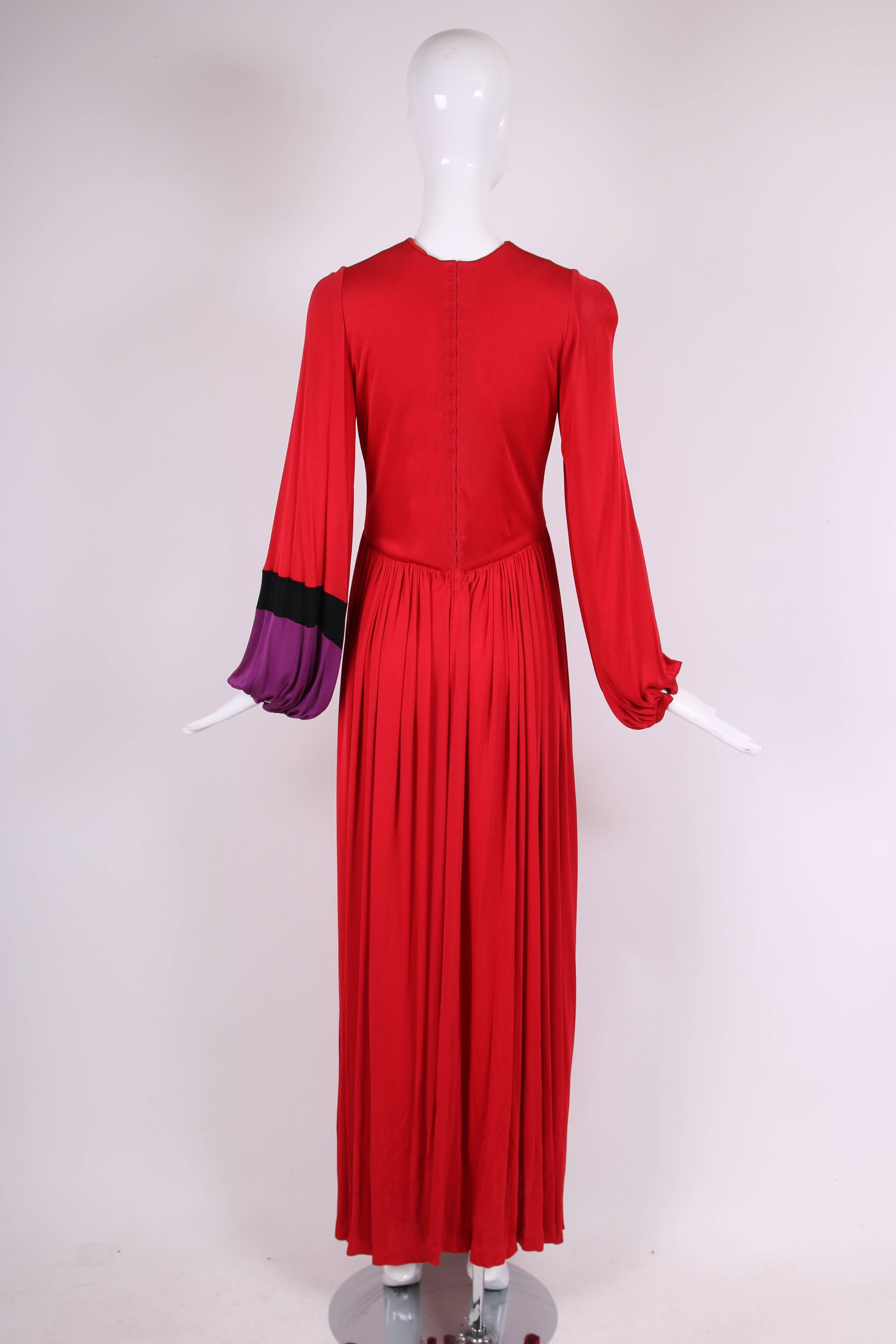 Women's Bob Mackie and Ray Aghayan Red Jersey Maxi Dress with Colorblocked Sleeve Cuff