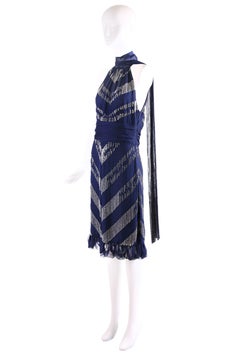 2006 Gucci Navy & Silver Beaded Cocktail Dress w/Dramatic Neck Ties