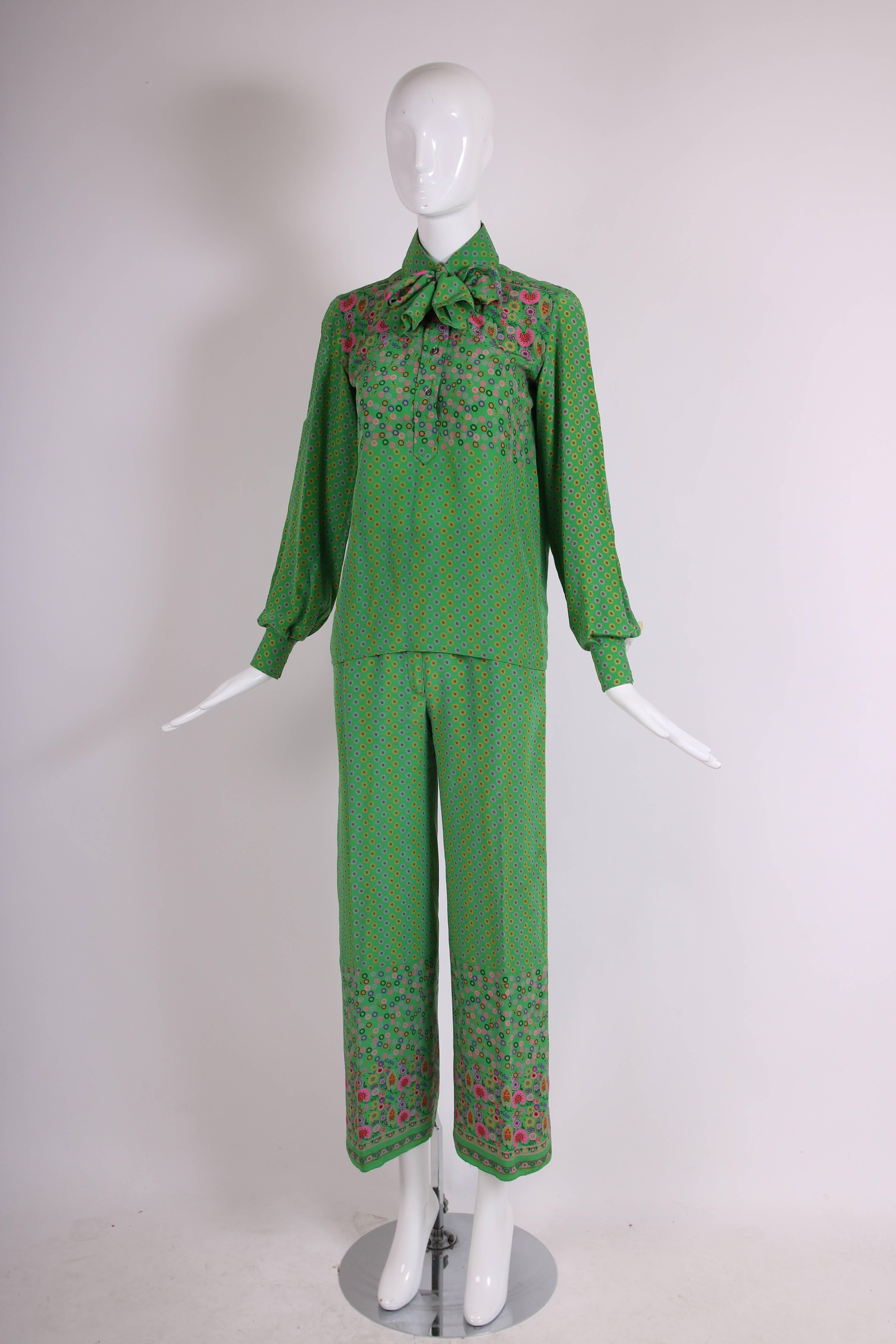 Green 1970's Valentino Silk Printed Blouse & Pants Lounging Ensemble
