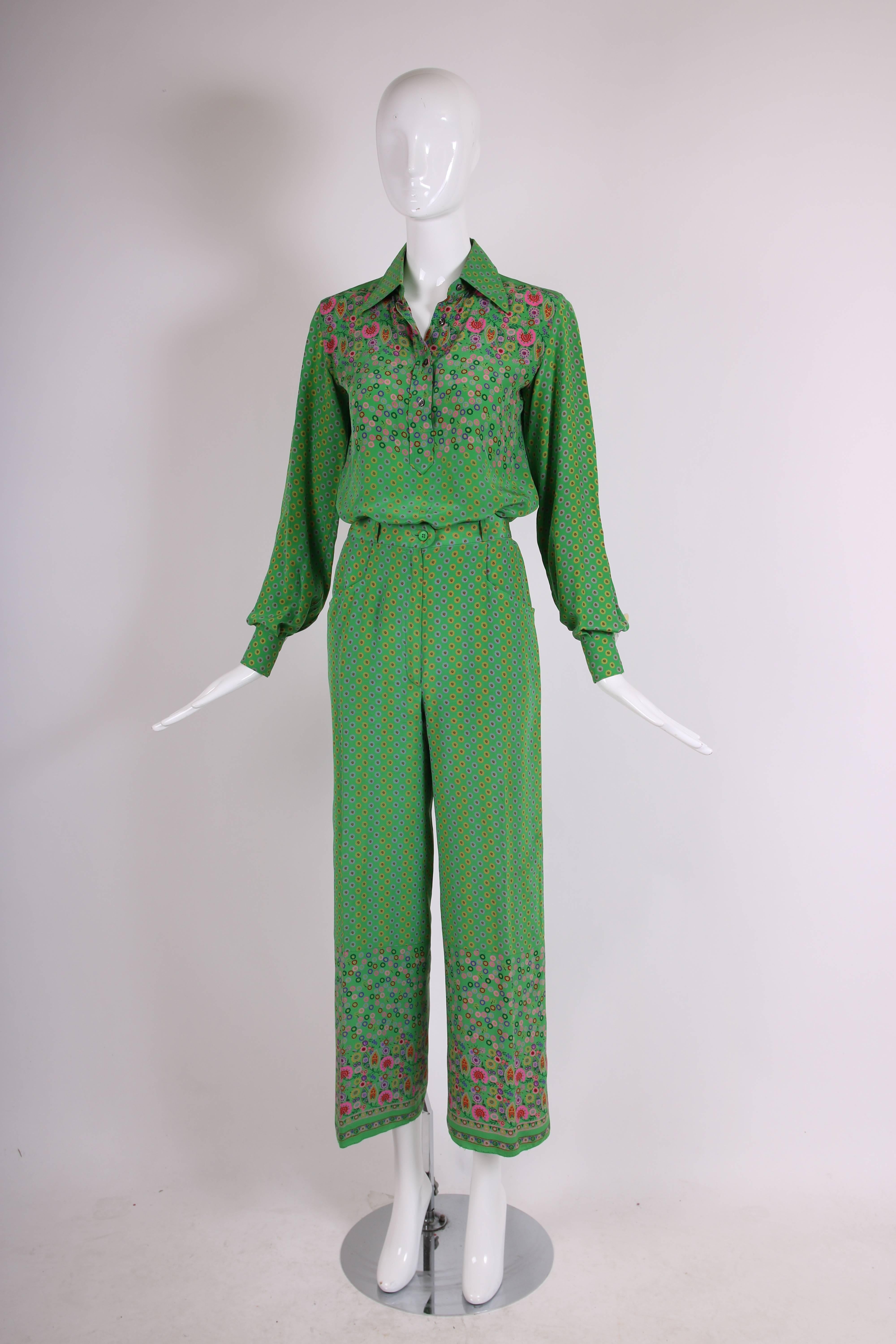 1970's Valentino Silk Printed Blouse & Pants Lounging Ensemble In Excellent Condition In Studio City, CA